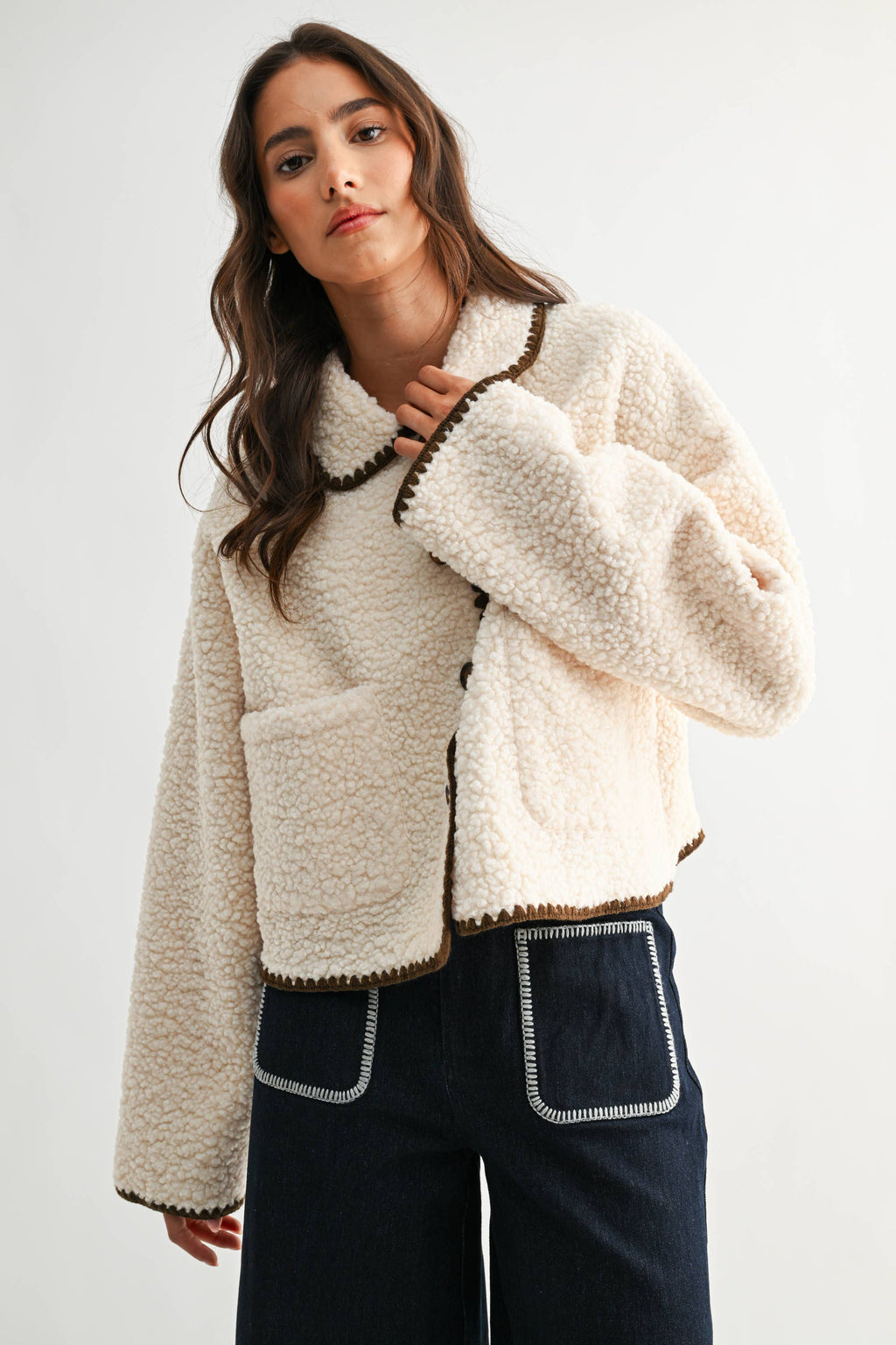 Camille | Contrast Trim Sherpa Jacket
