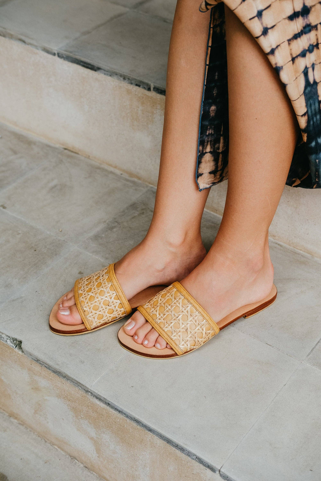Amaya Cane and Leather Slide Sandals