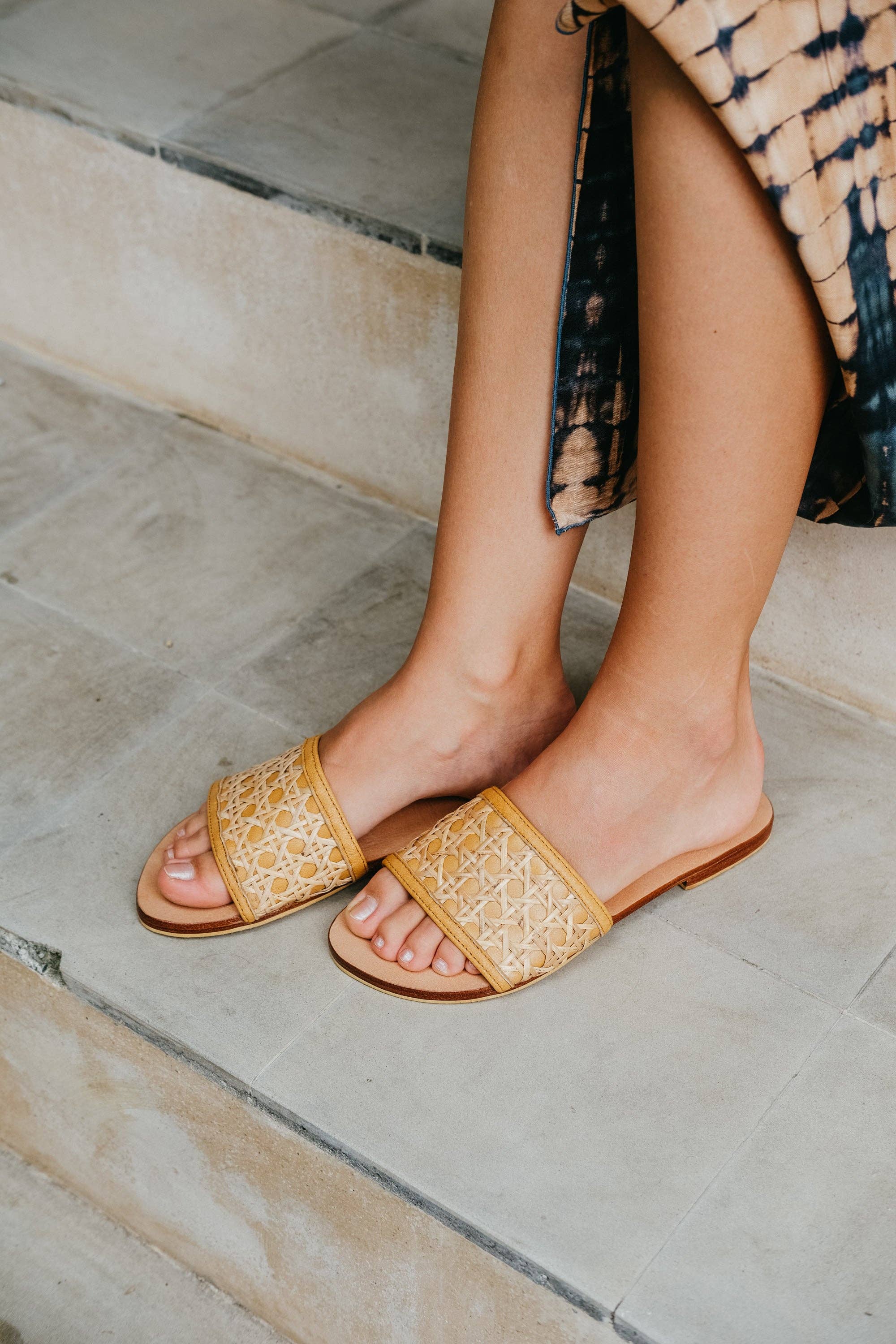 Amaya Cane and Leather Slide Sandals
