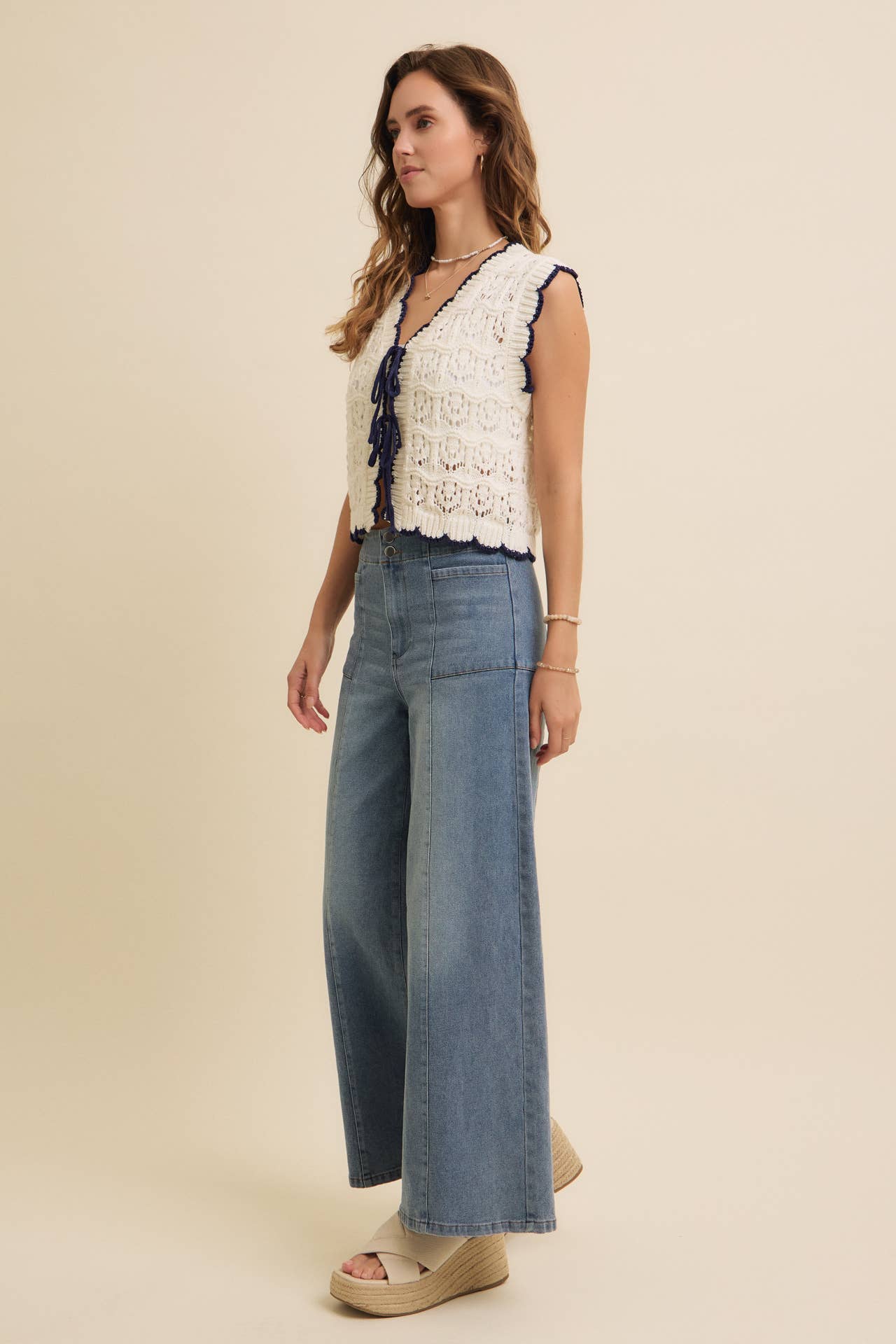 Crochet Sweater Vest With Scallops & Bows