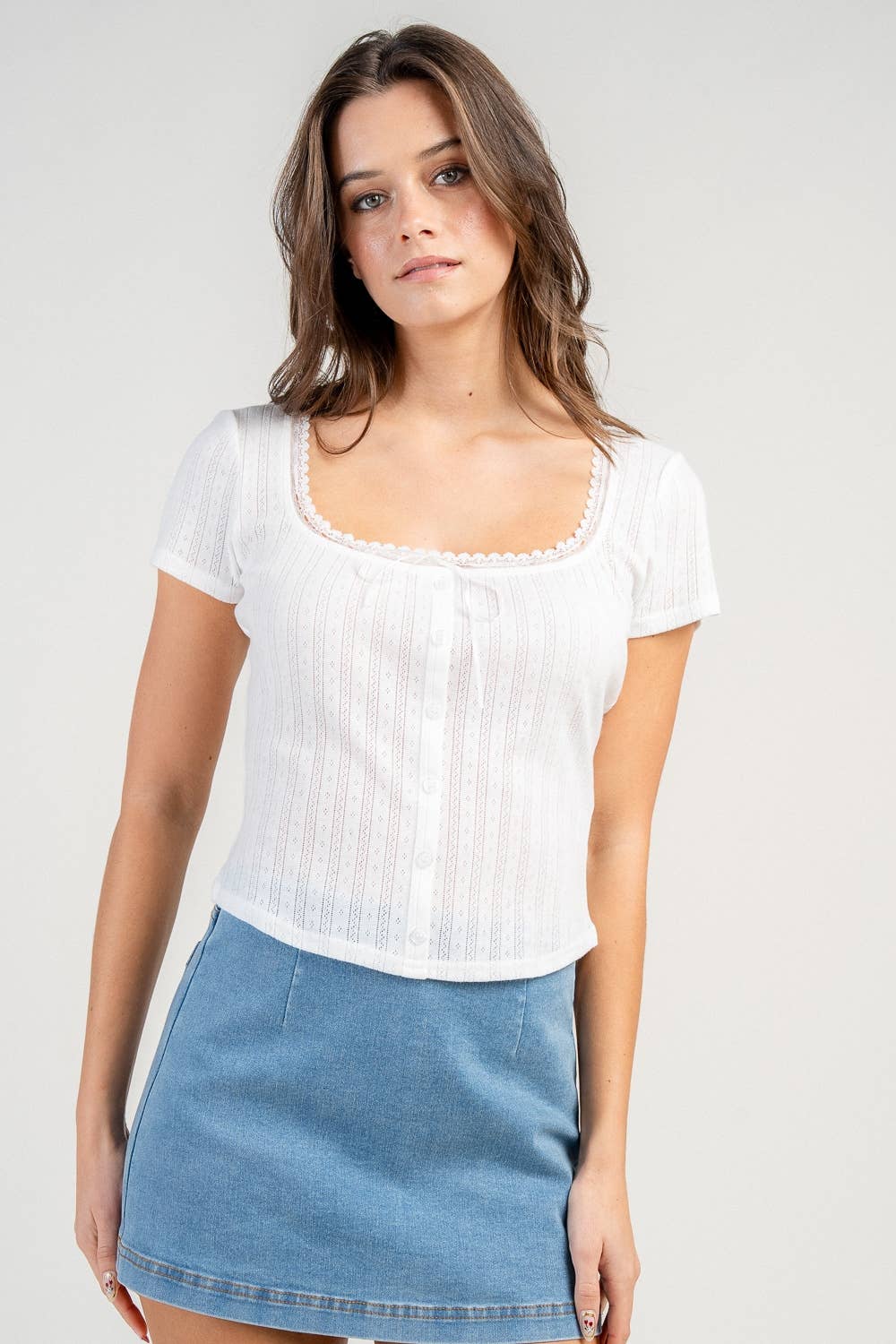 Isla | Pointelle Button Down Cap Sleeve Top