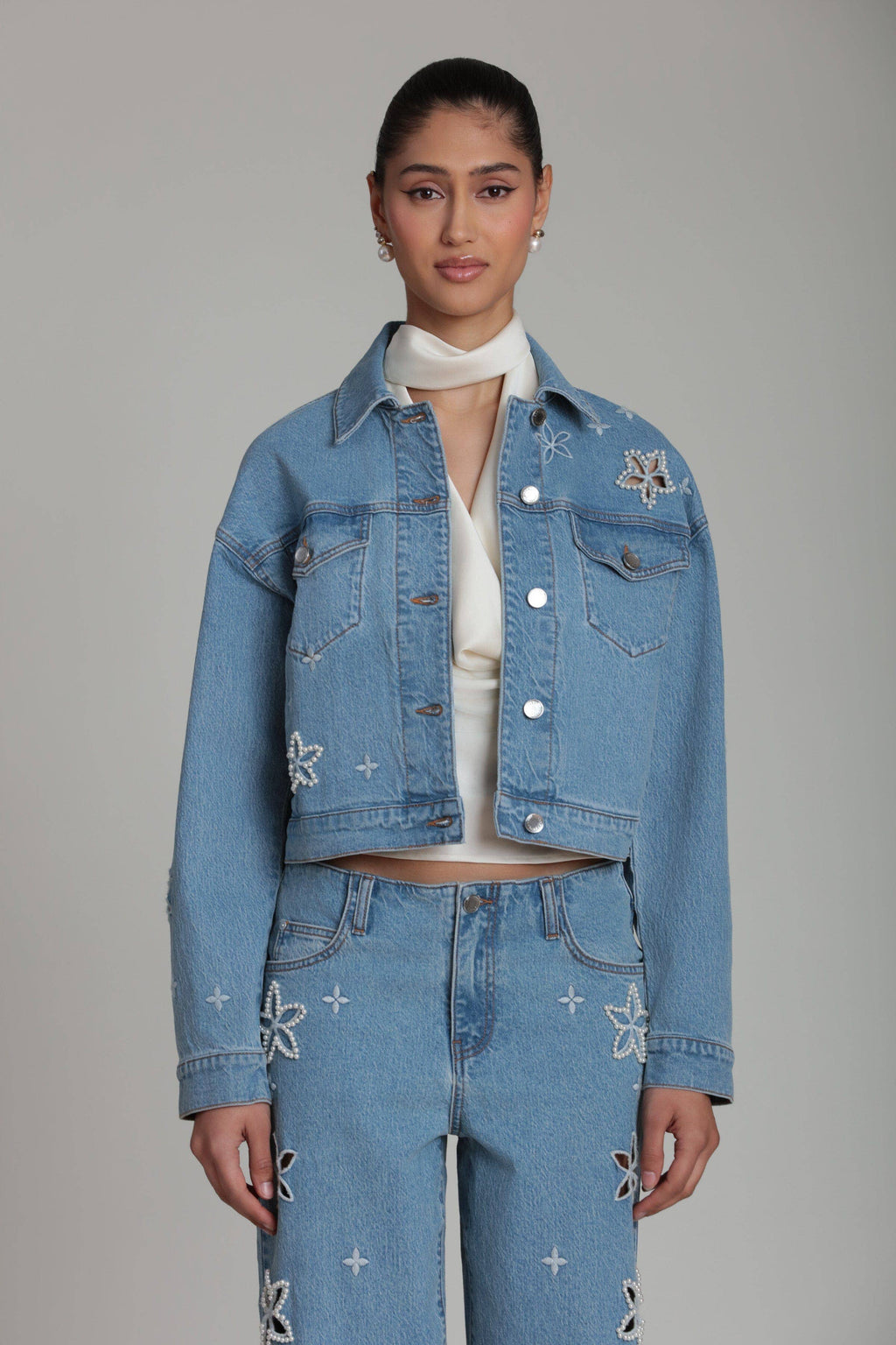 Pearl Fleur | Embellished Stretch Denim Jacket