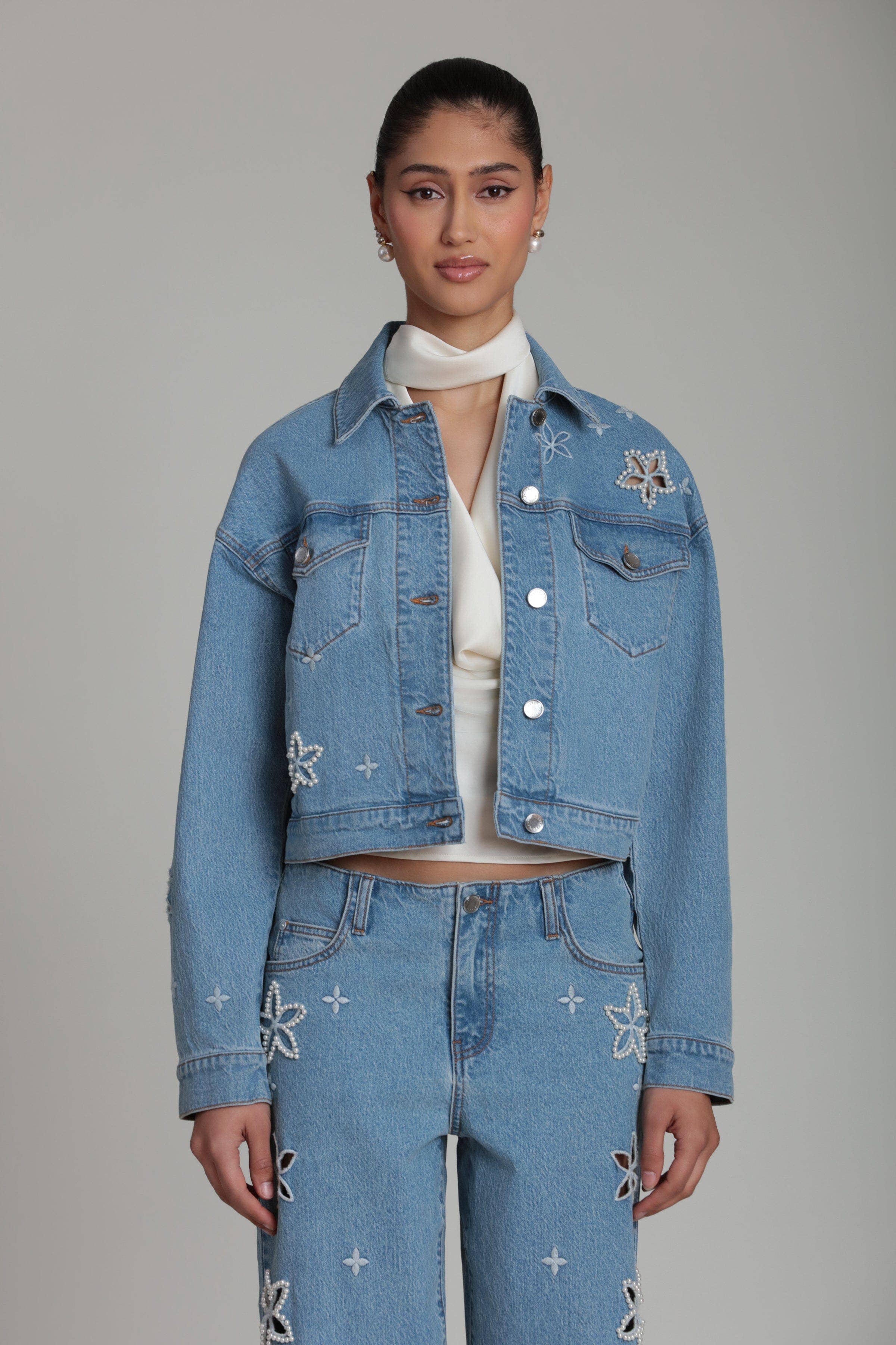 Pearl Fleur | Embellished Stretch Denim Jacket
