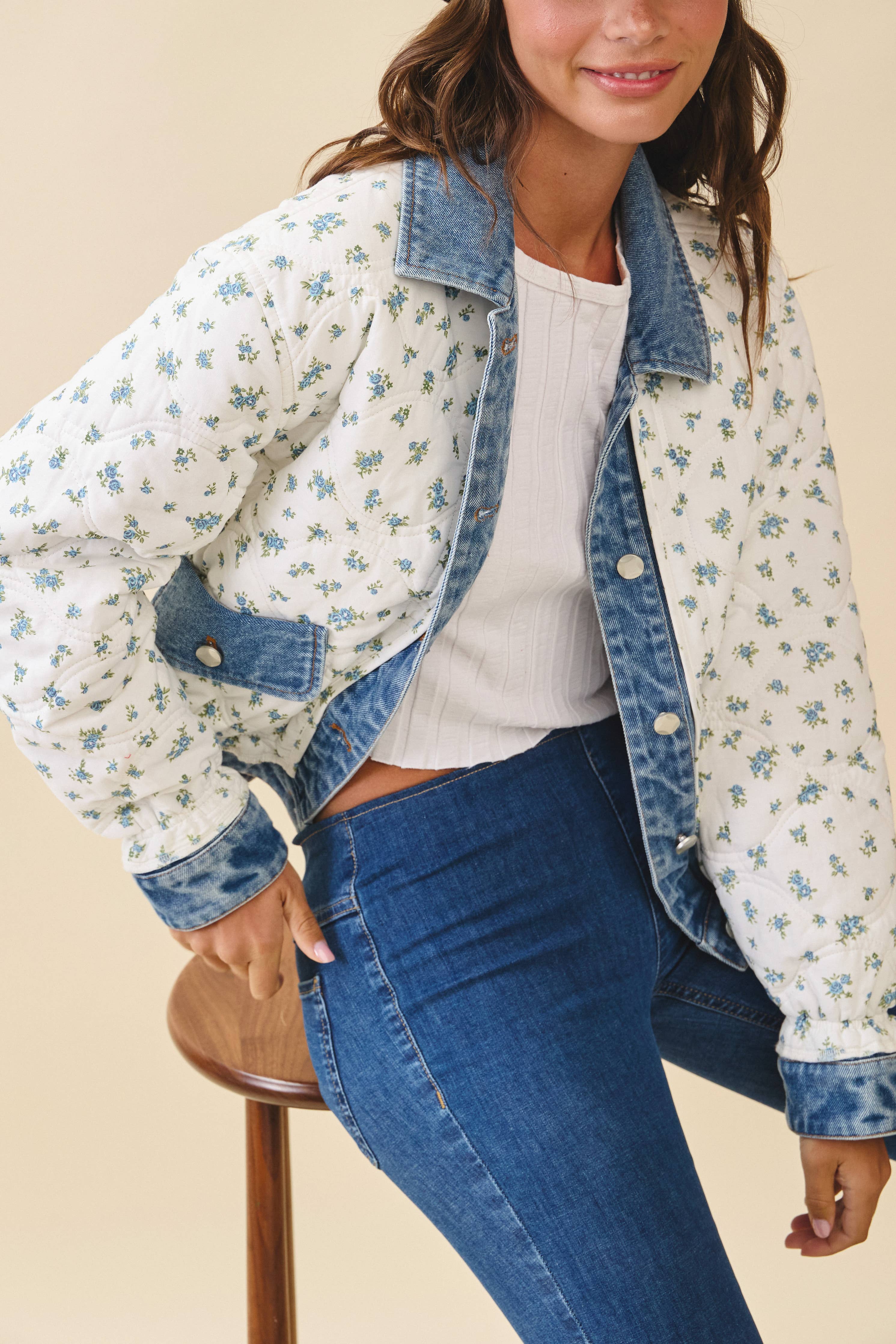 Lobelia | Floral Quilted Denim Trim Jacket