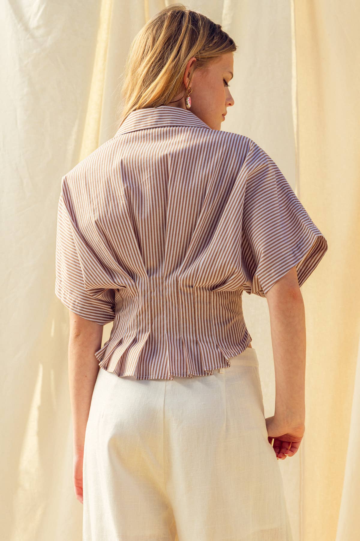 Bay | 100% Cotton Stripe Button Shirt w/ Pleated Waist