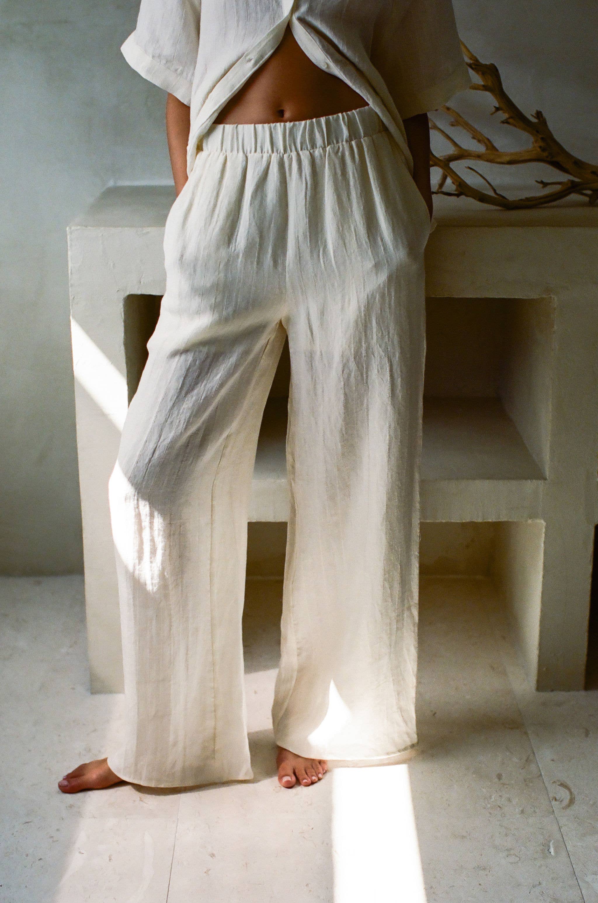 Woven Linen High Waisted Wide Leg Pants
