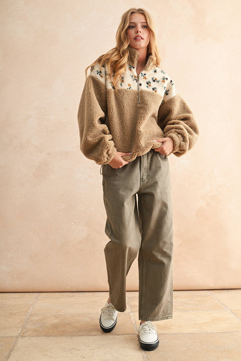 Amber | Half Zip Floral Print Contrast Sherpa Pullover