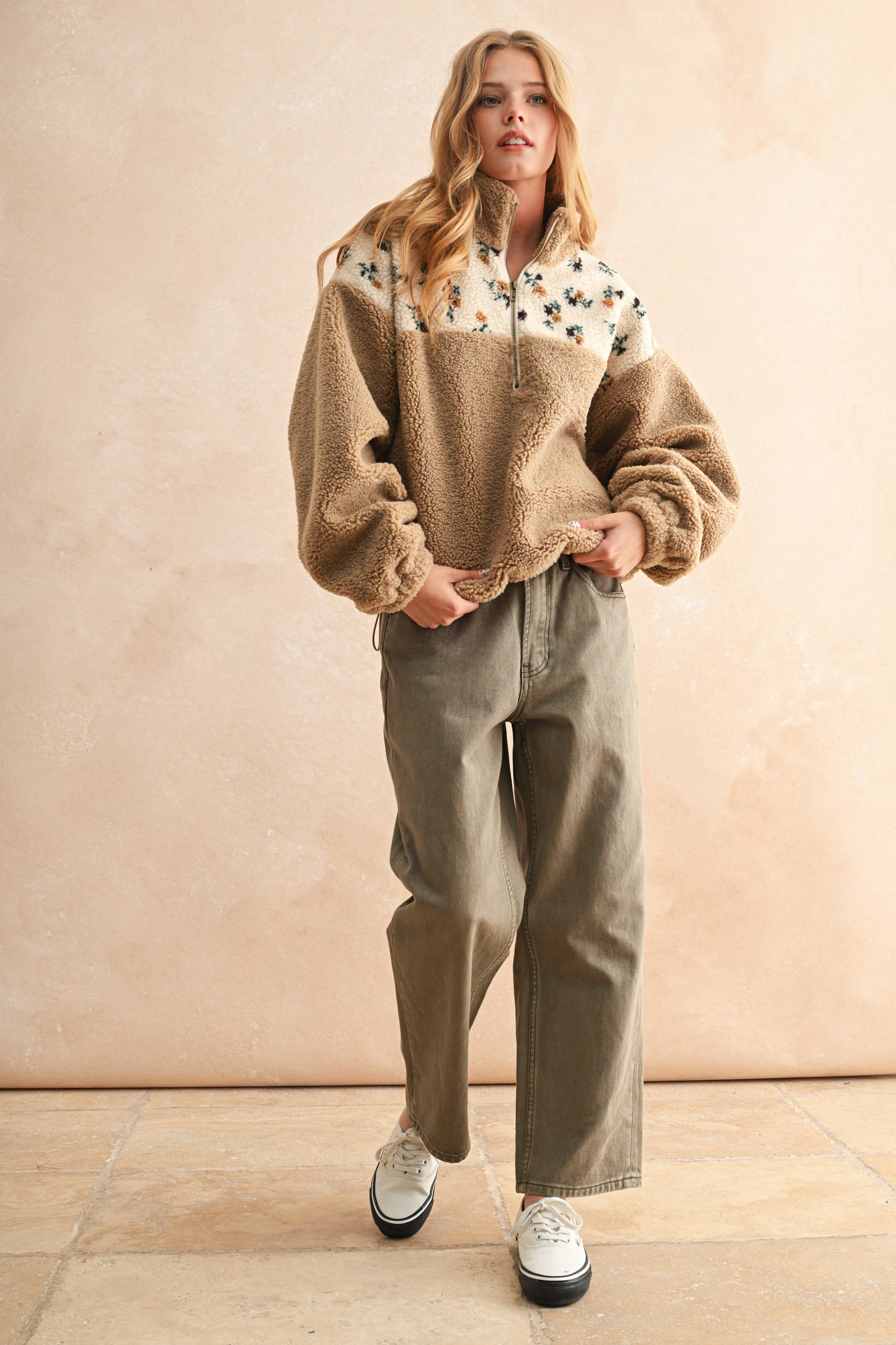 Amber | Half Zip Floral Print Contrast Sherpa Pullover
