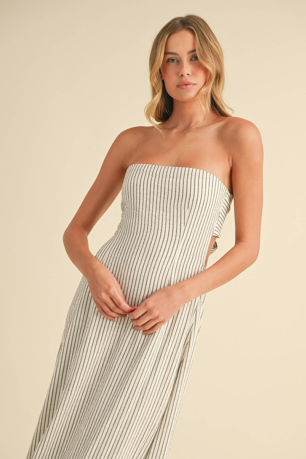 Calallily | Striped Long Back Tie Strapless Maxi
