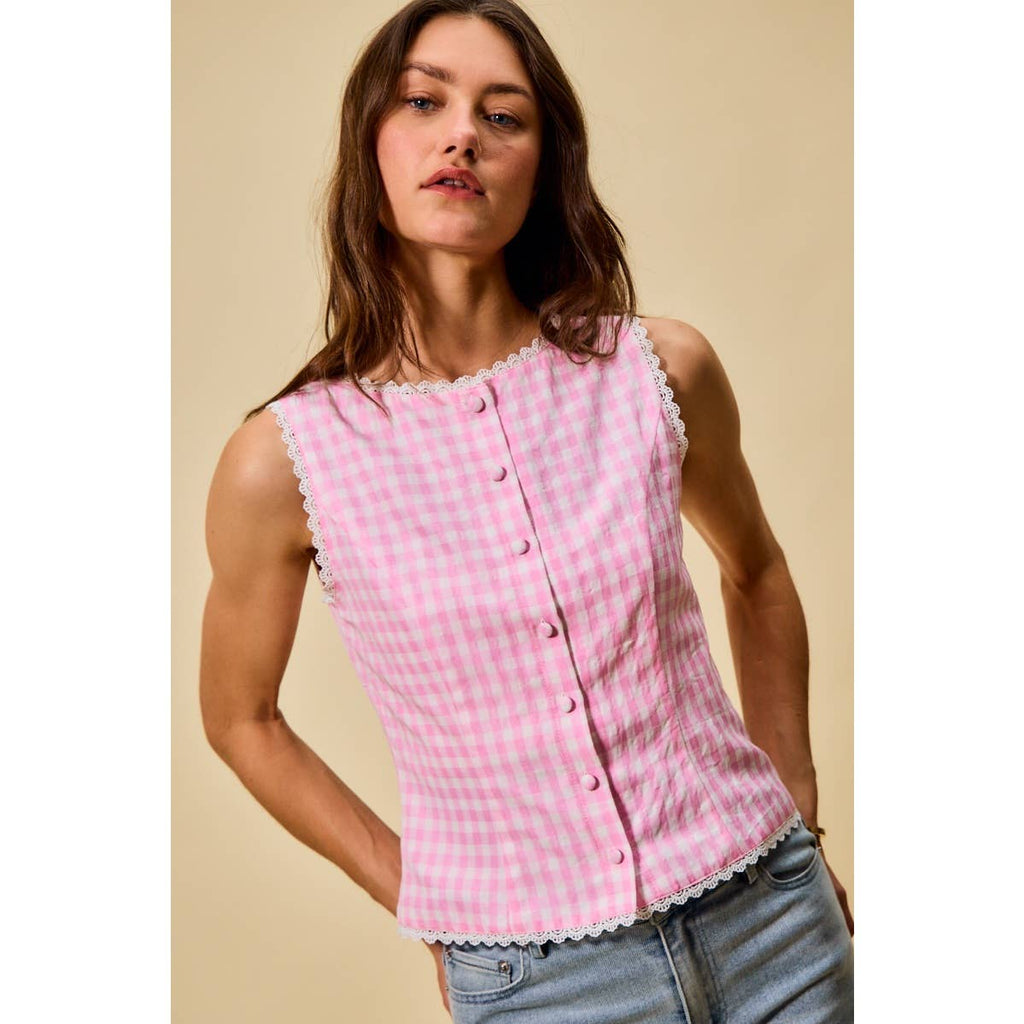Kensington | Gingham Lace Trim Button Down Top