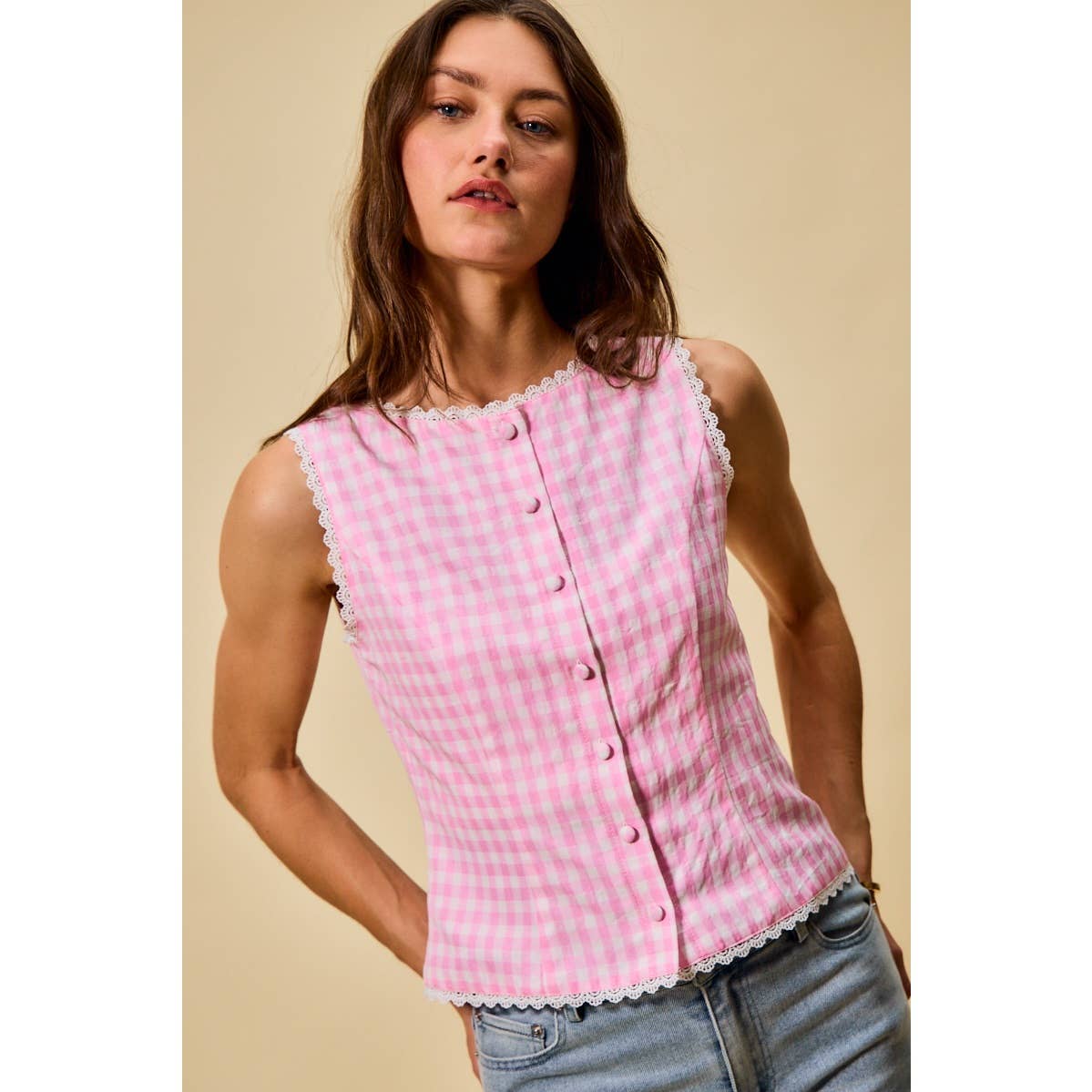 Kensington | Gingham Lace Trim Button Down Top