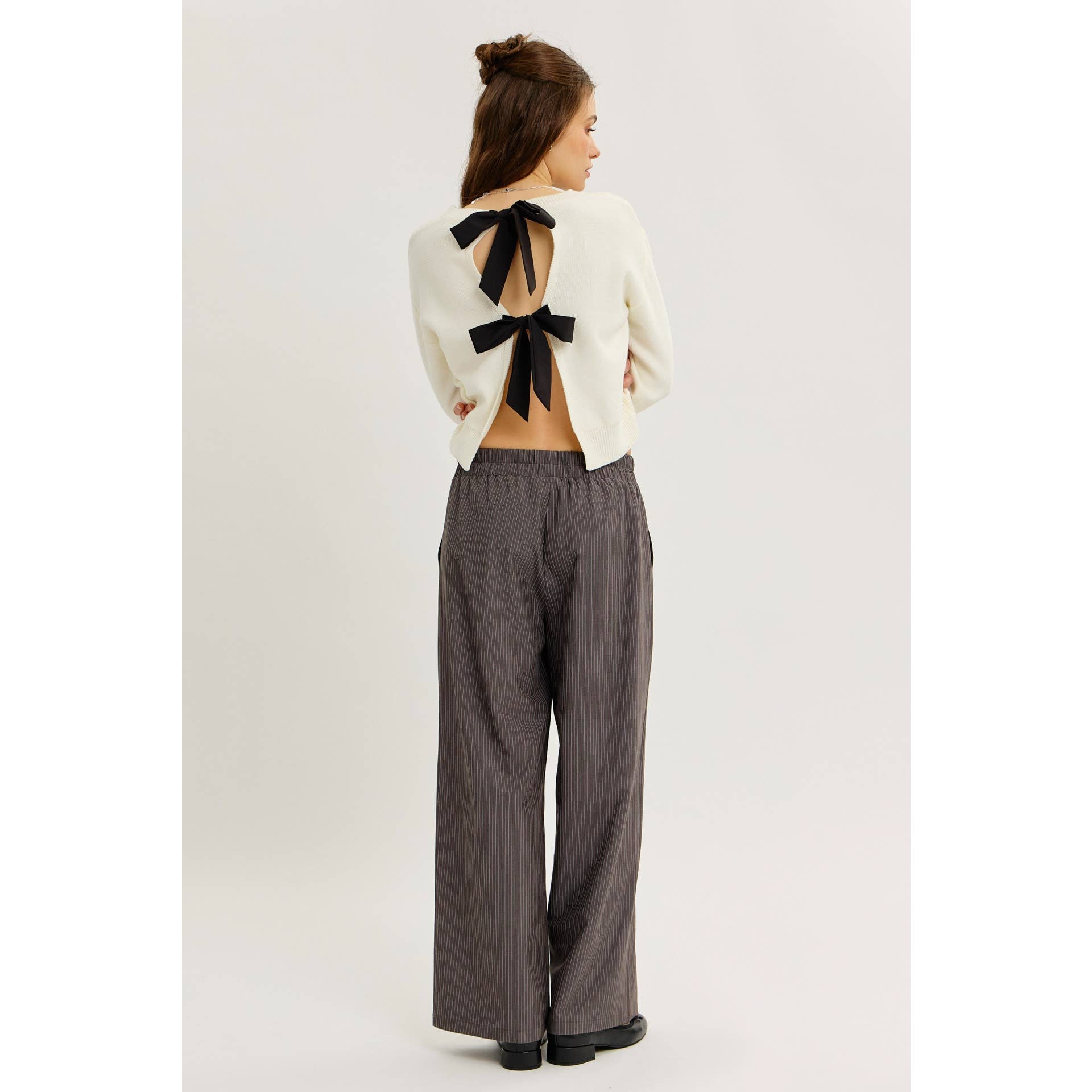 Belly | Cream & Black Contrast Bow Tie Back Sweater Top