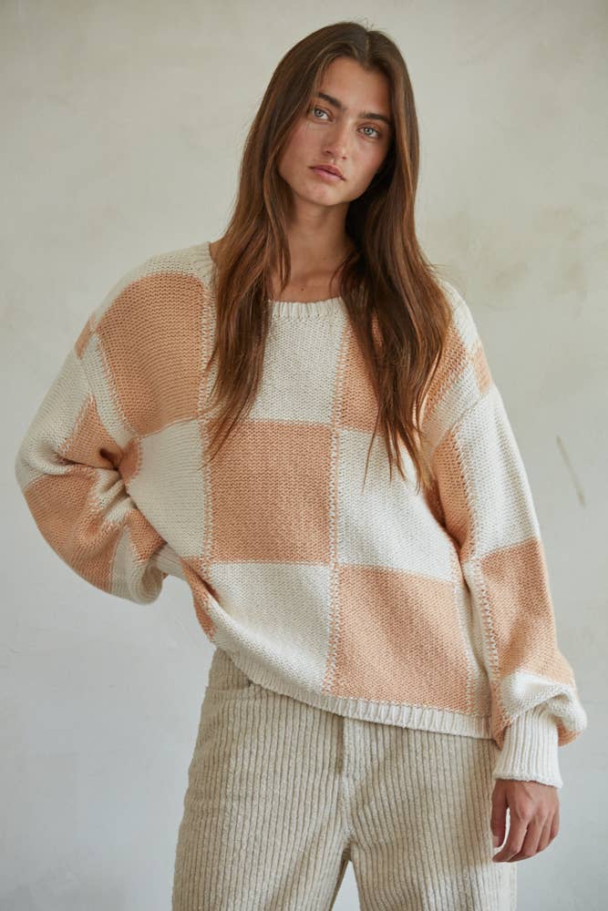 Lacie | Knit Sweater Gingham Print Long Sleeve Pullover