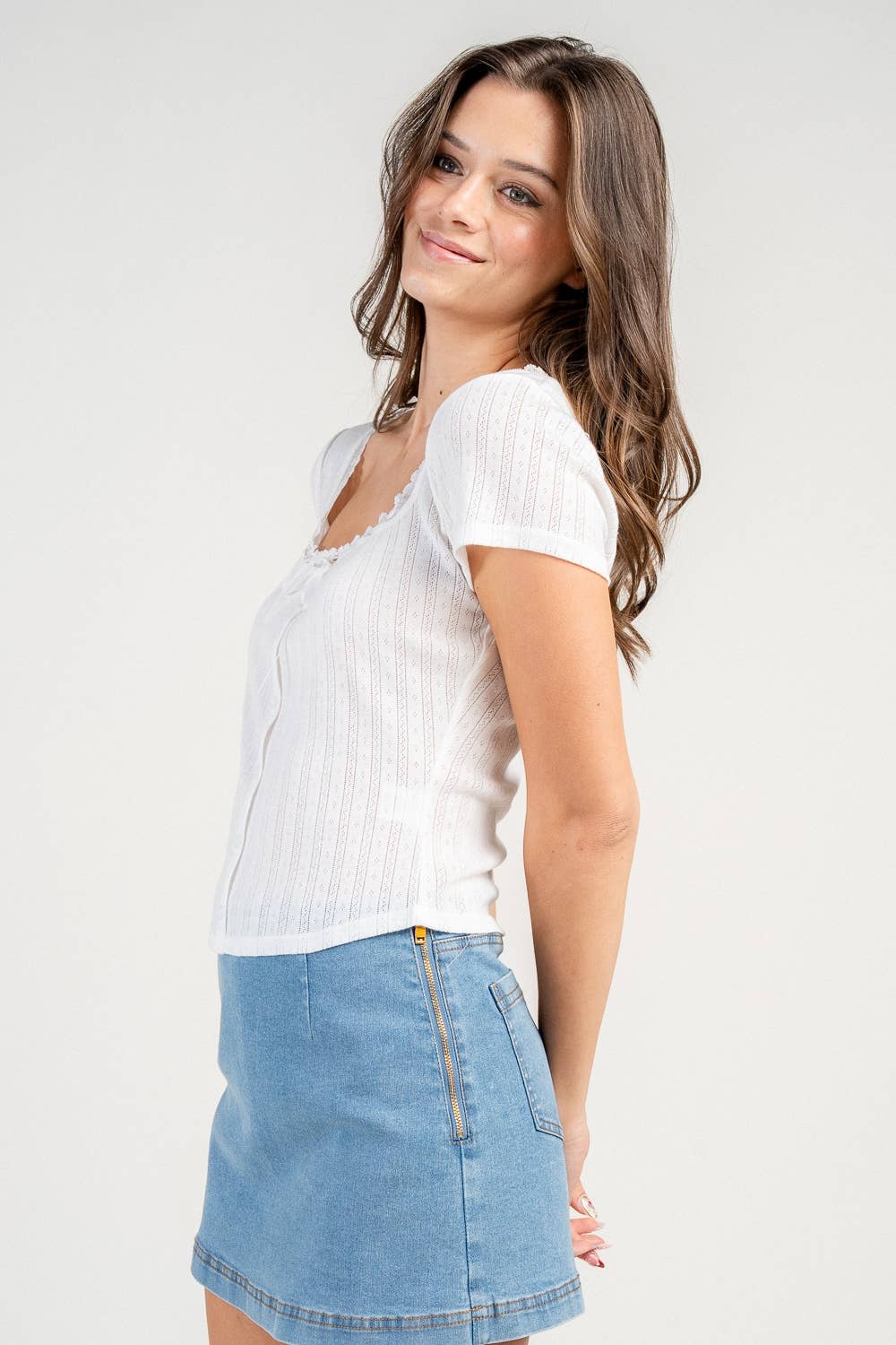 Isla | Pointelle Button Down Cap Sleeve Top