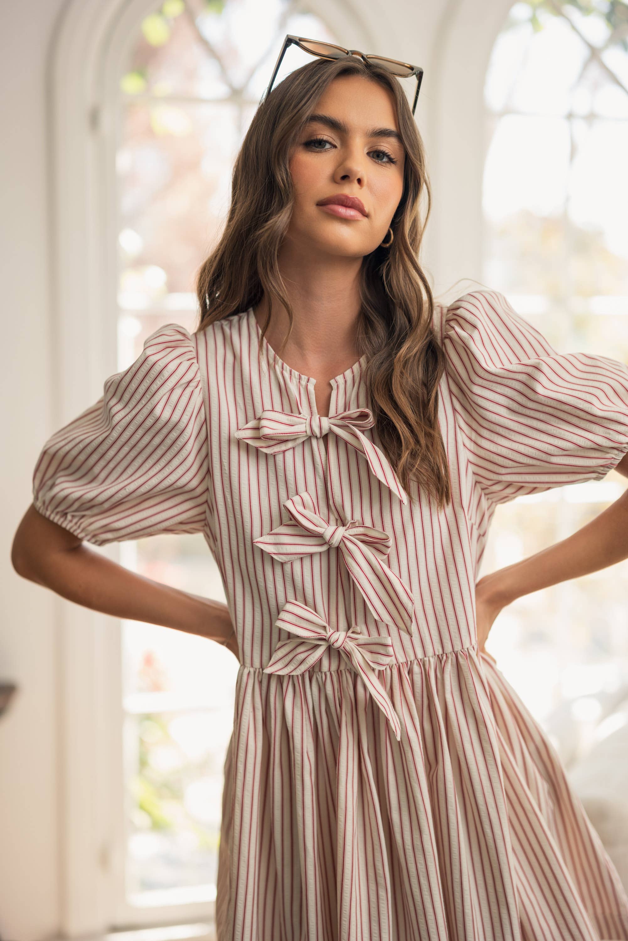 Darcey | Striped With Bow Tie Front SSLV Dress