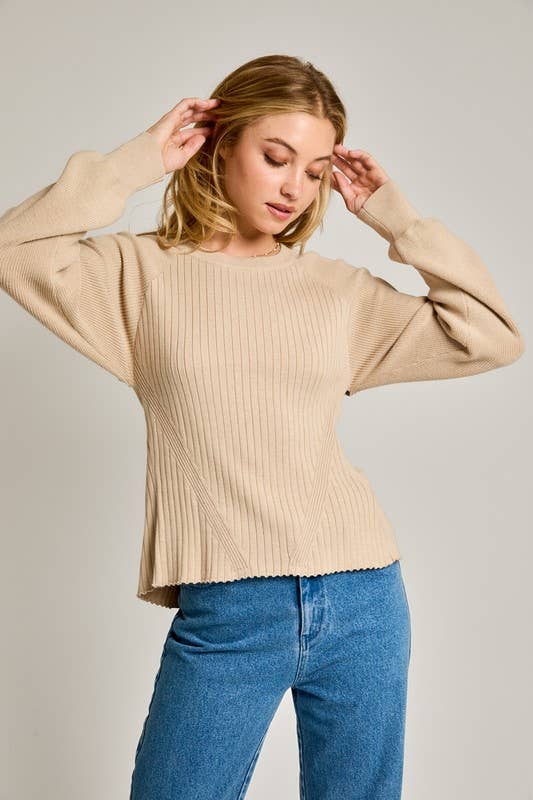 Long Sleeve Crew Neck Ribbed Open Back Sweater