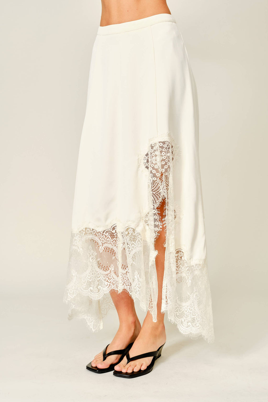 Bobby | Lace Insert Unbalance Hem Midi Skirt