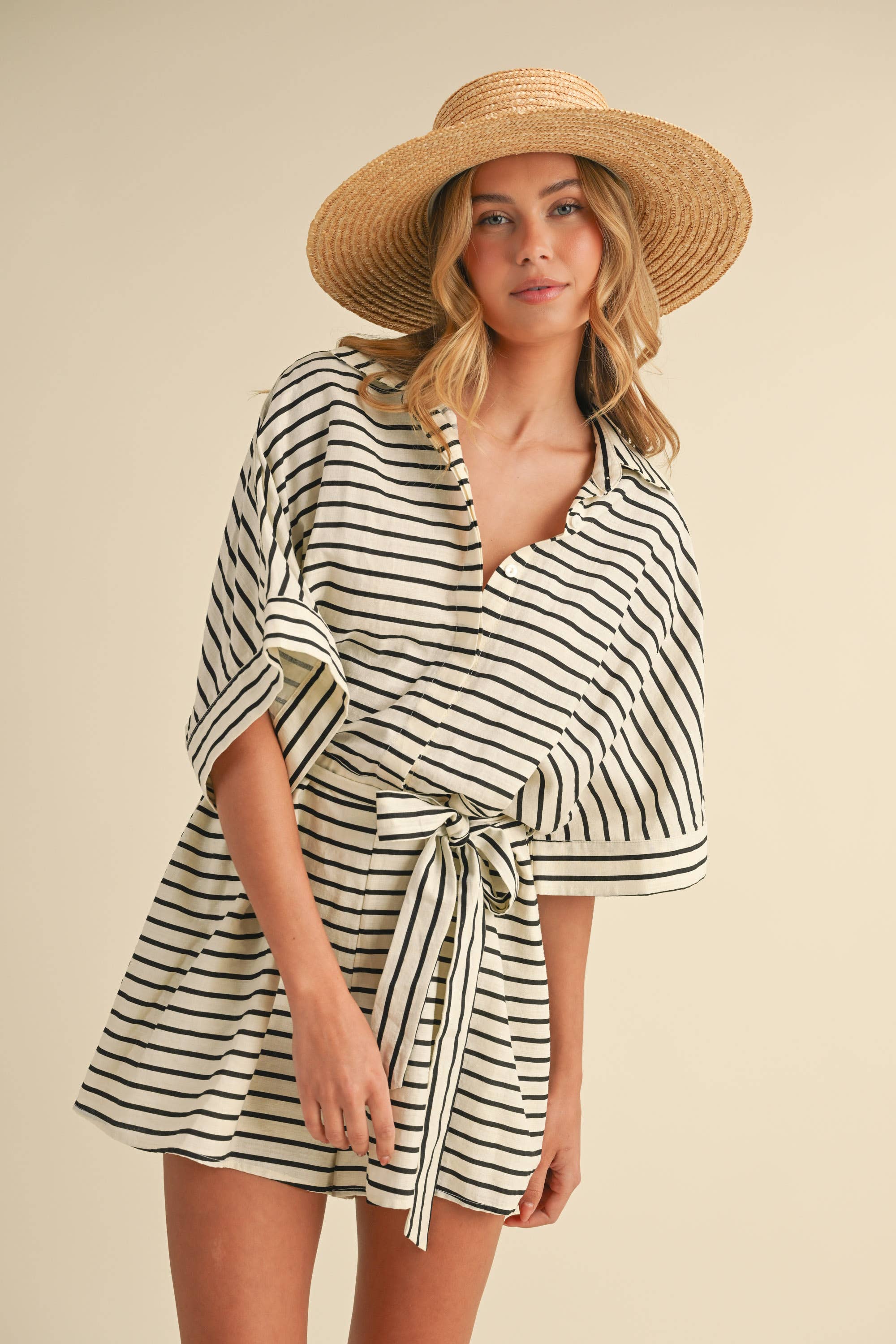 Topanga | Striped Relaxed Fit Belted Short Sleeve Romper