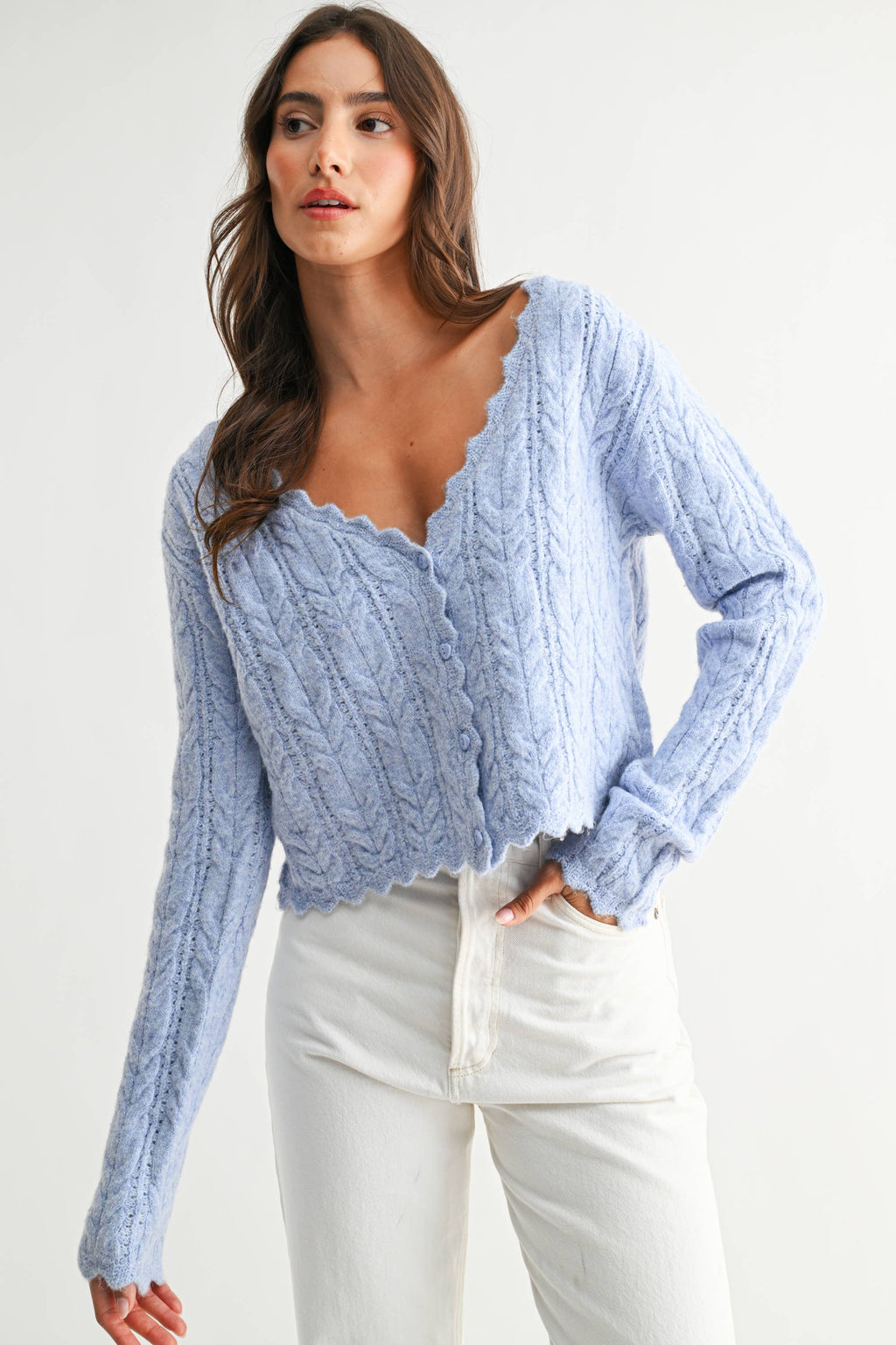Greer | Scallop Hem Cable Knit Cardigan
