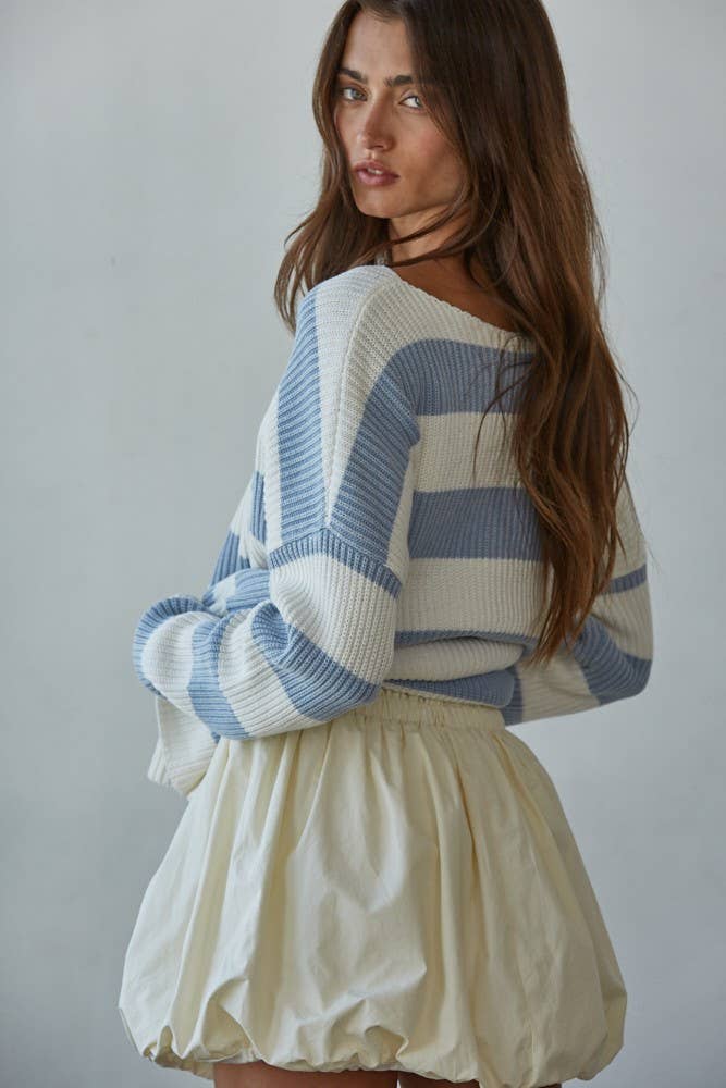 Blue | 100% Cotton Knit Striped Sweater