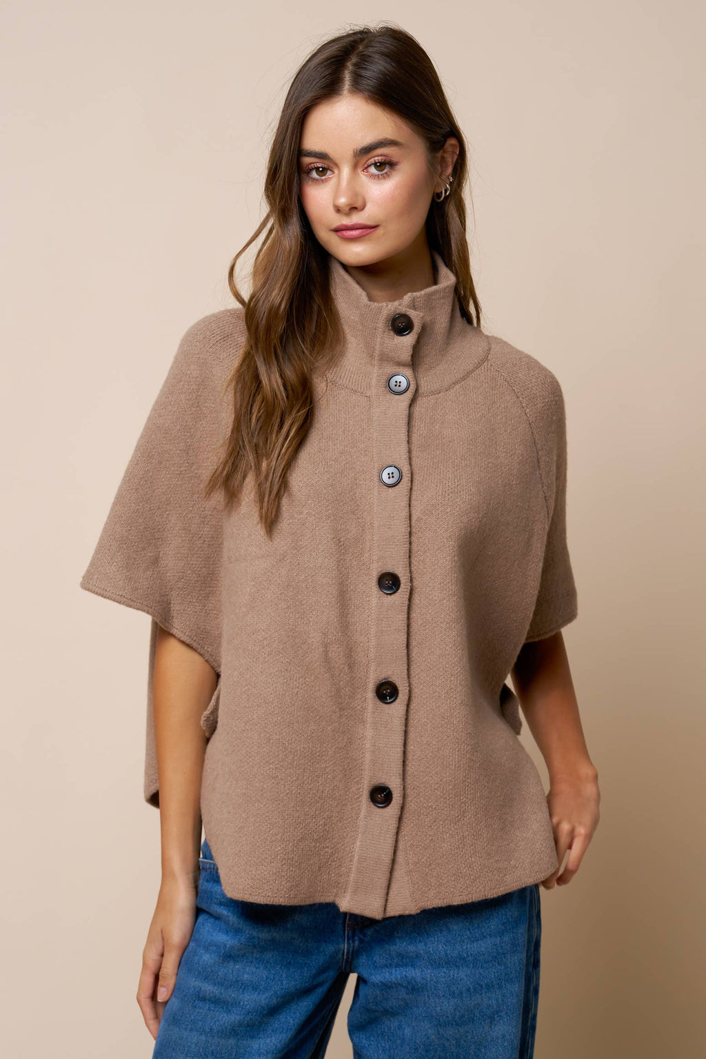 Ponya | Mock Neck Button Down Knit Poncho