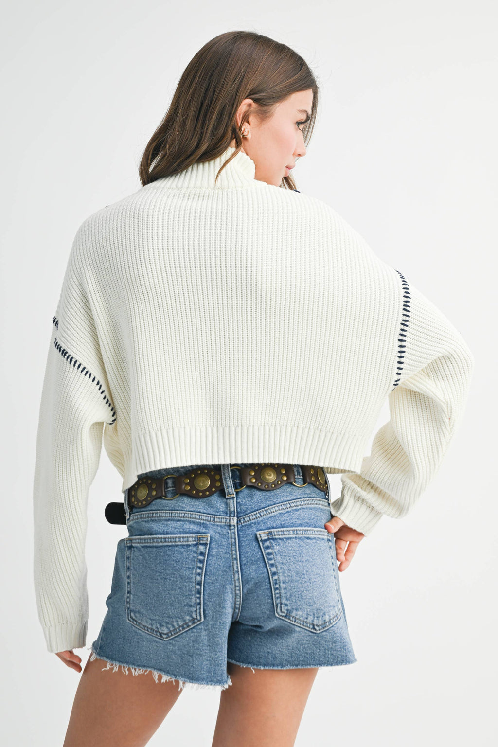 Icy | Contrast Stitch Quarter-Zip Sweater