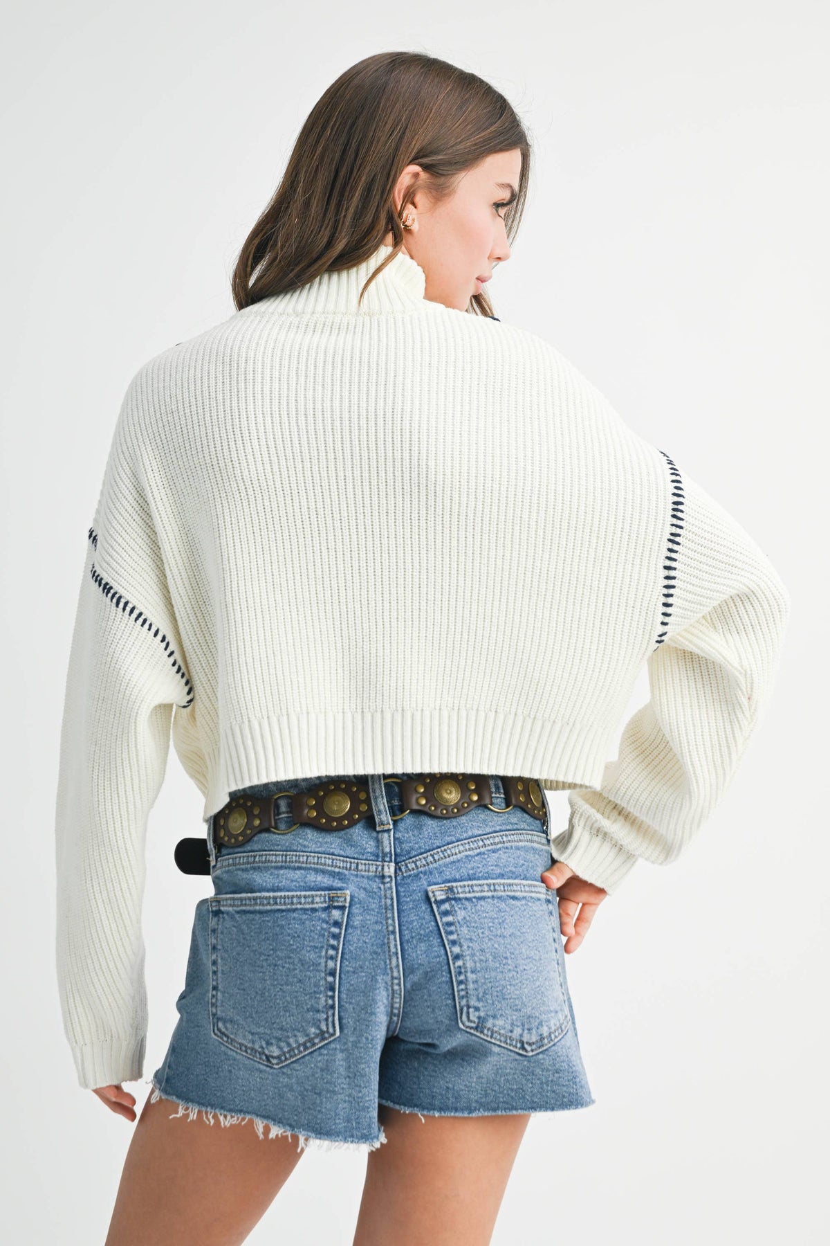 Icy | Contrast Stitch Quarter-Zip Sweater