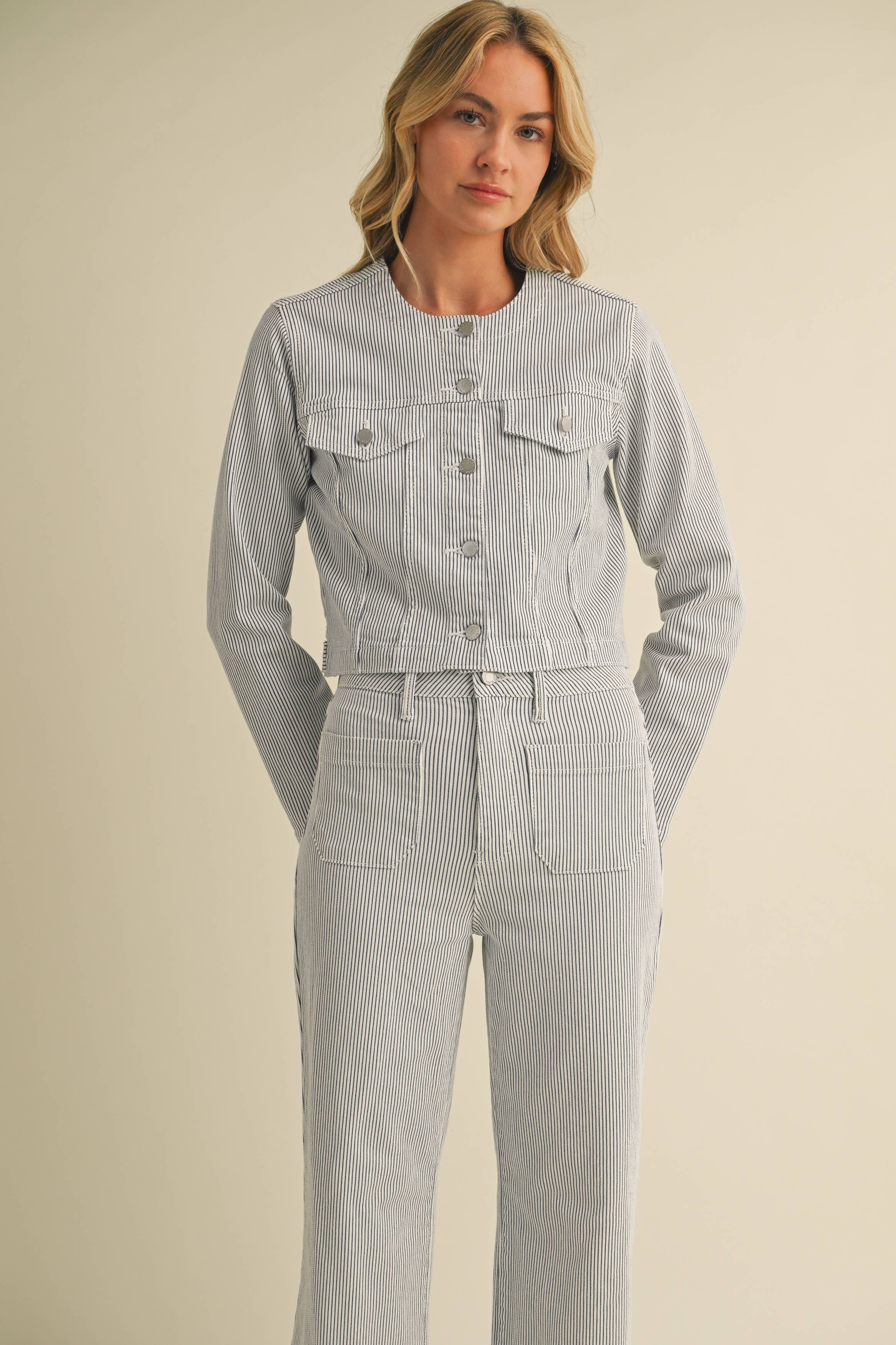 BillieJean | Striped Denim Collarless Jacket