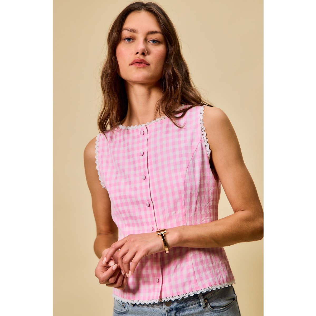 Kensington | Gingham Lace Trim Button Down Top