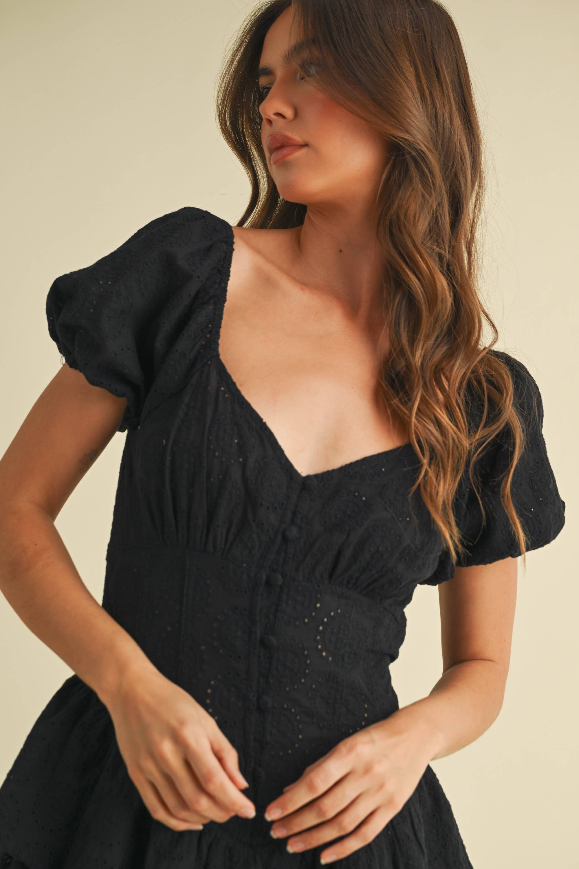 Baylen | Lace Eyelet Short Puff Sleeve Tiered Romper