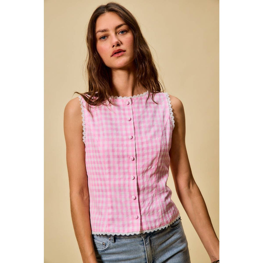 Kensington | Gingham Lace Trim Button Down Top