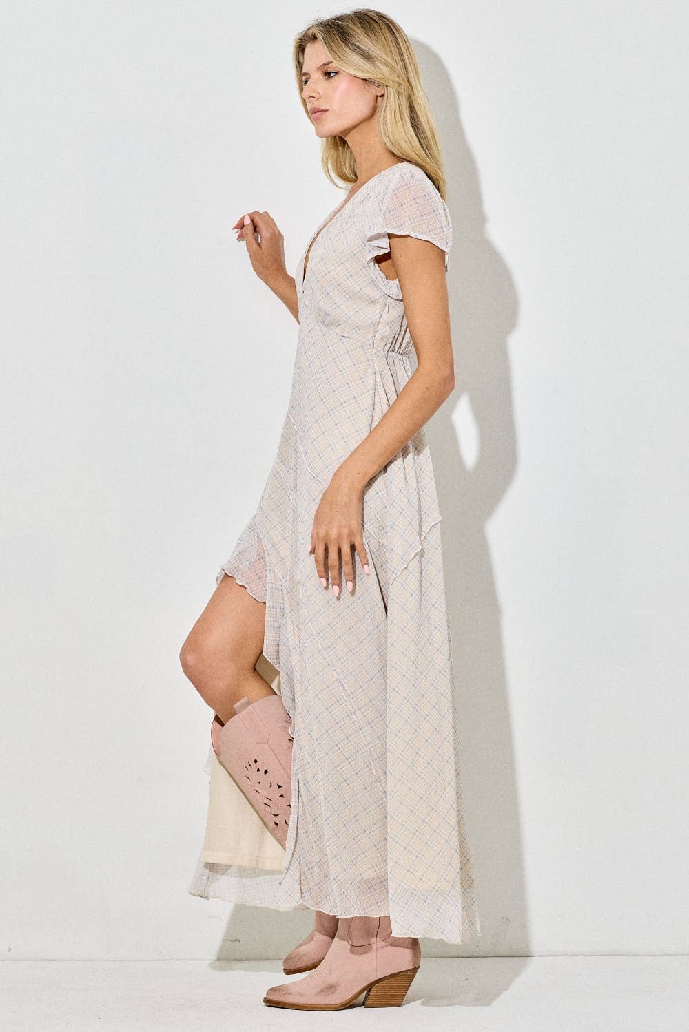 Cove | Printed Plaid V-Neck Satin Maxi Dress