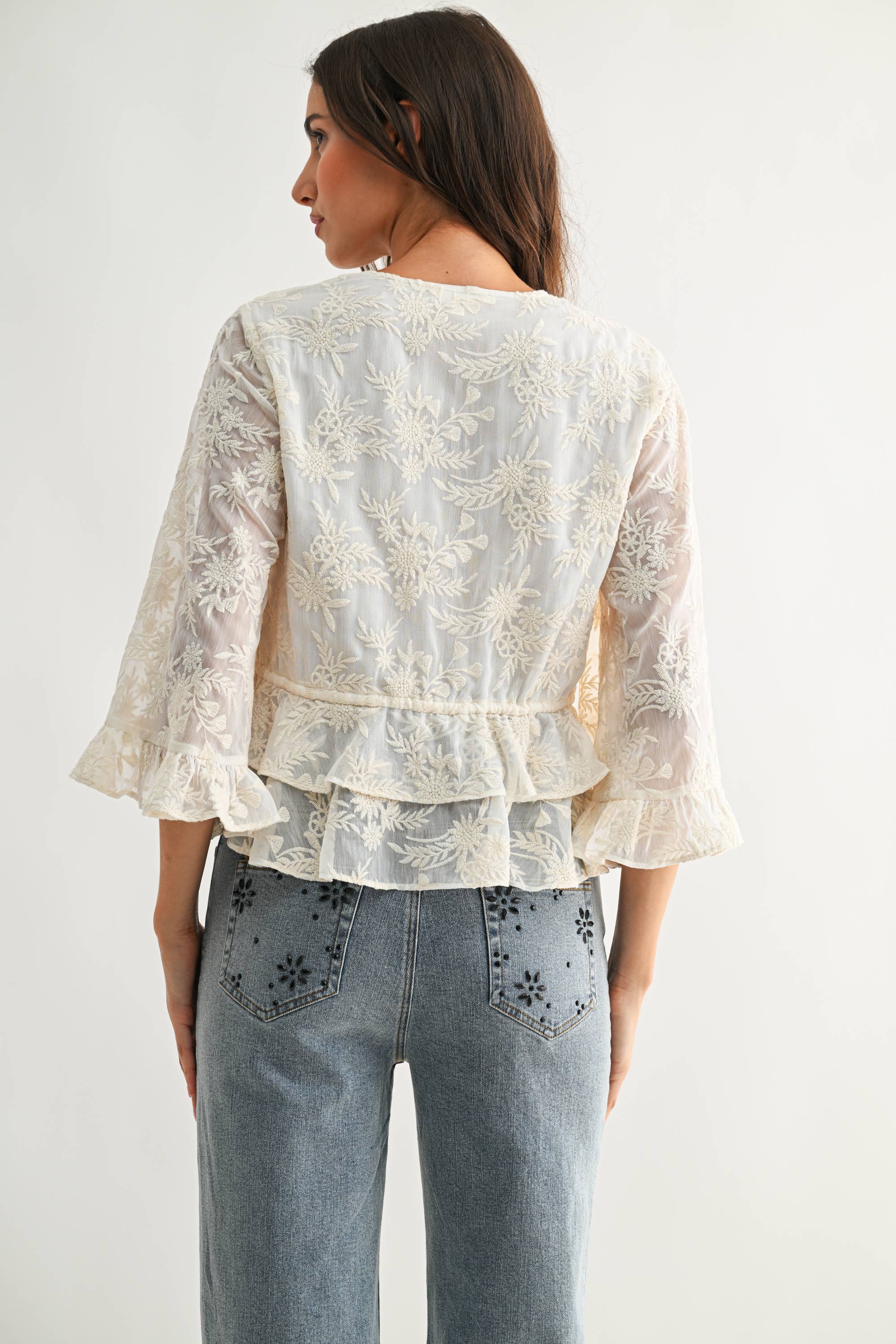 Holland |  Boho Embroidered Sheer Blouse Flowy Bell Sleeves