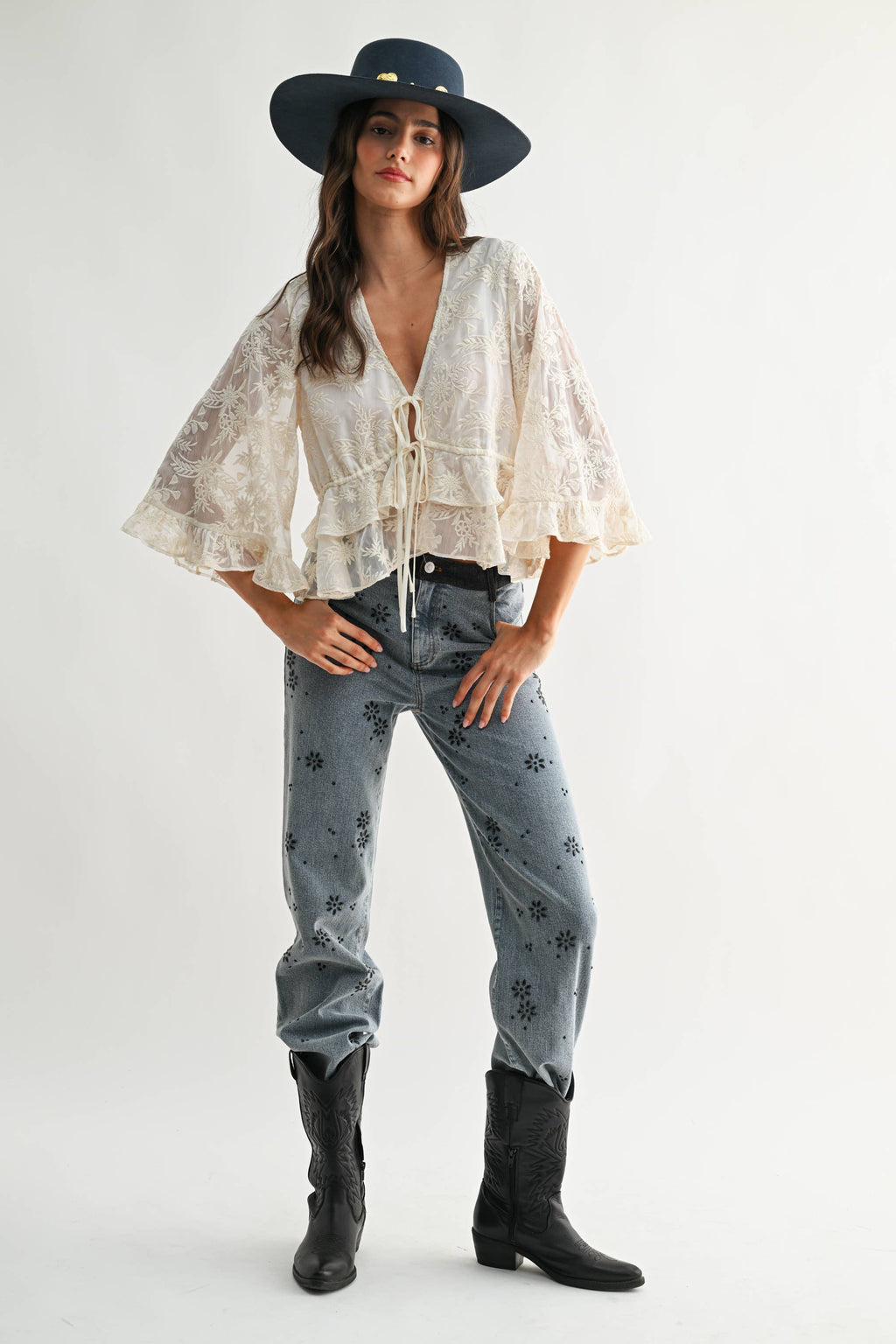 Holland |  Boho Embroidered Sheer Blouse Flowy Bell Sleeves