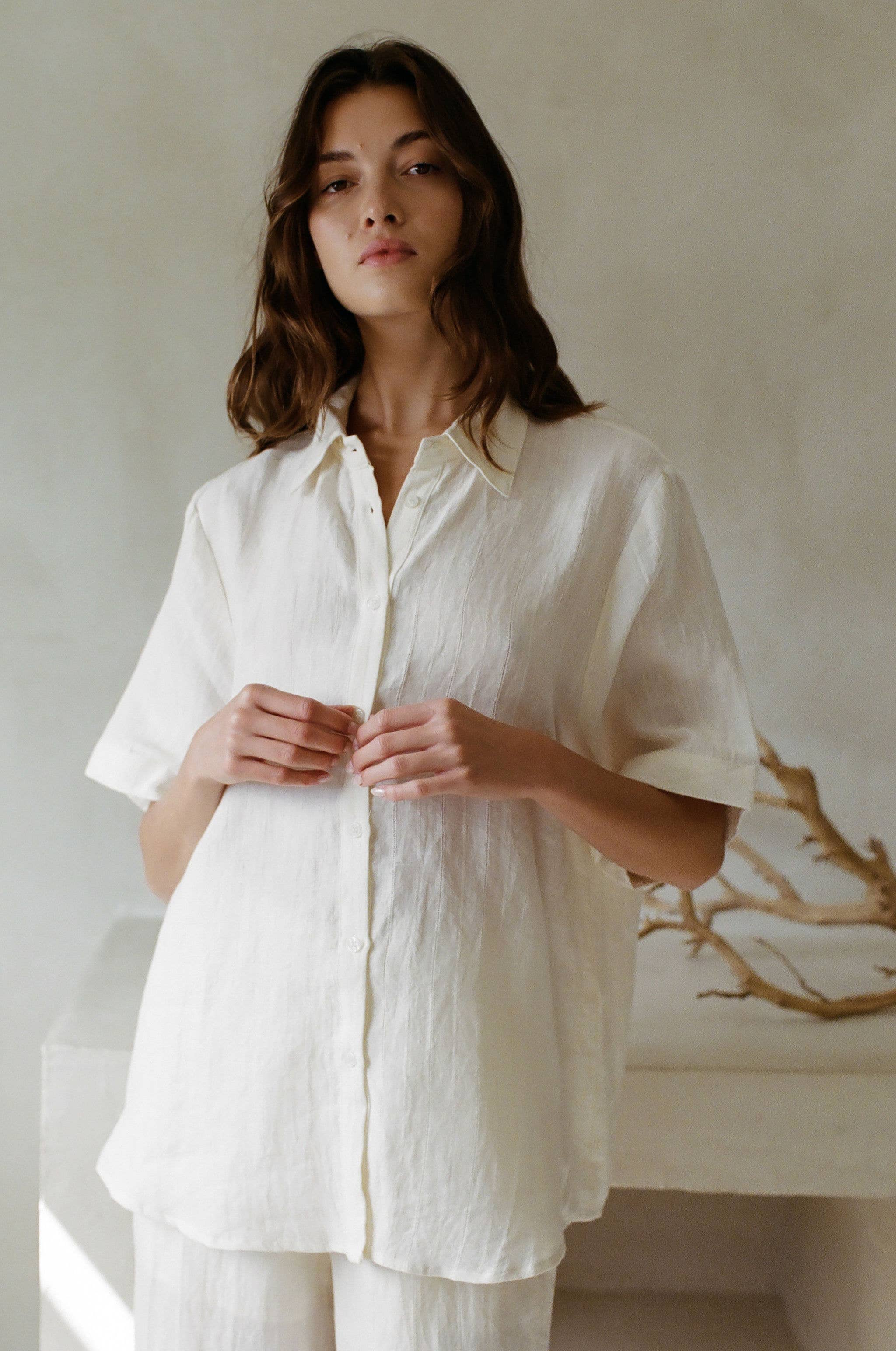 Coral | Woven Linen Button Down Short Sleeve Shirt Top