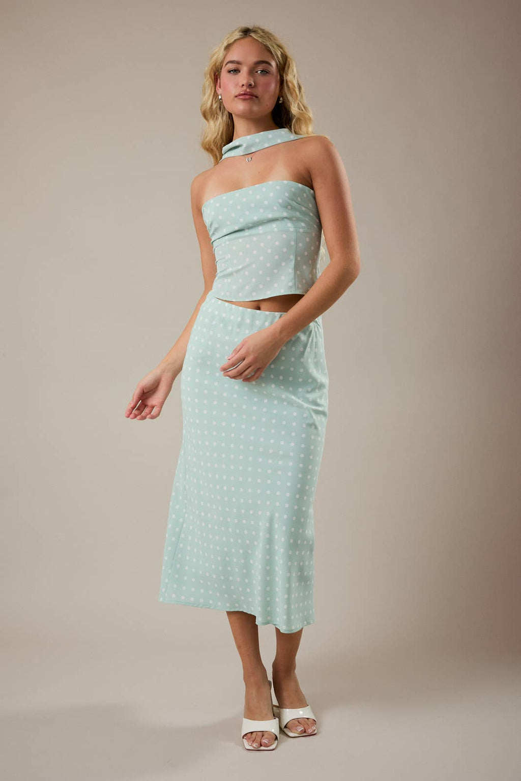 Minty | Attached Scarf Neck Polka Dot Tube Top & Skirt Set