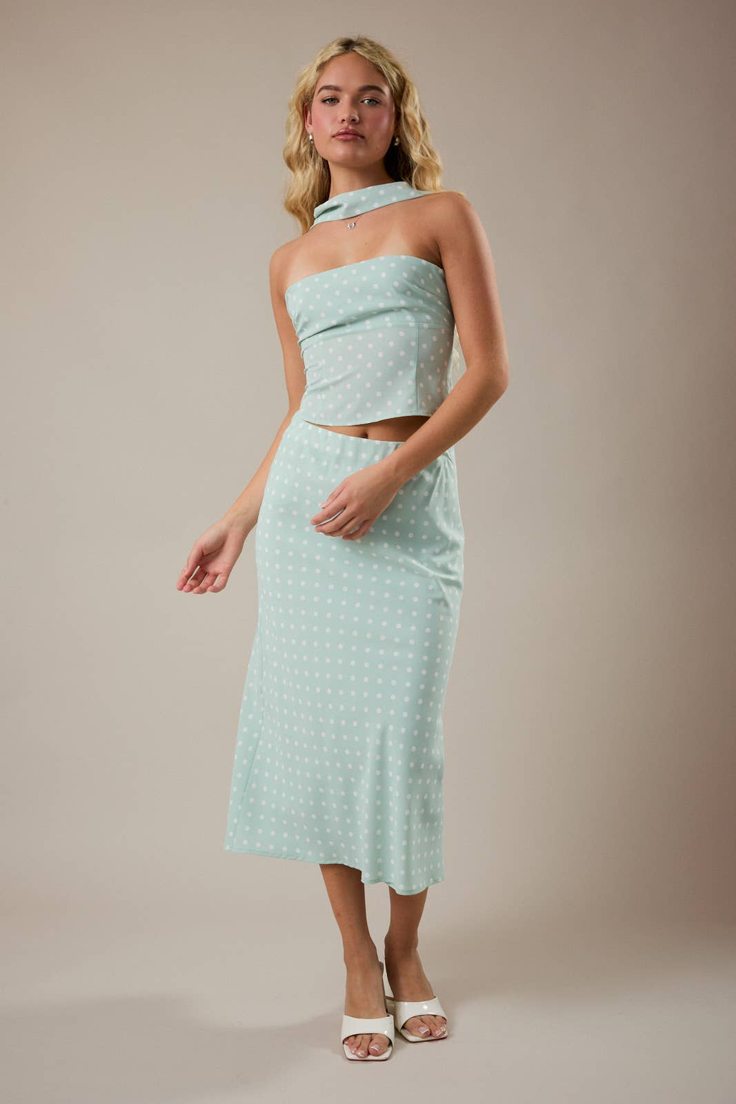 Minty | Attached Scarf Neck Polka Dot Tube Top & Skirt Set
