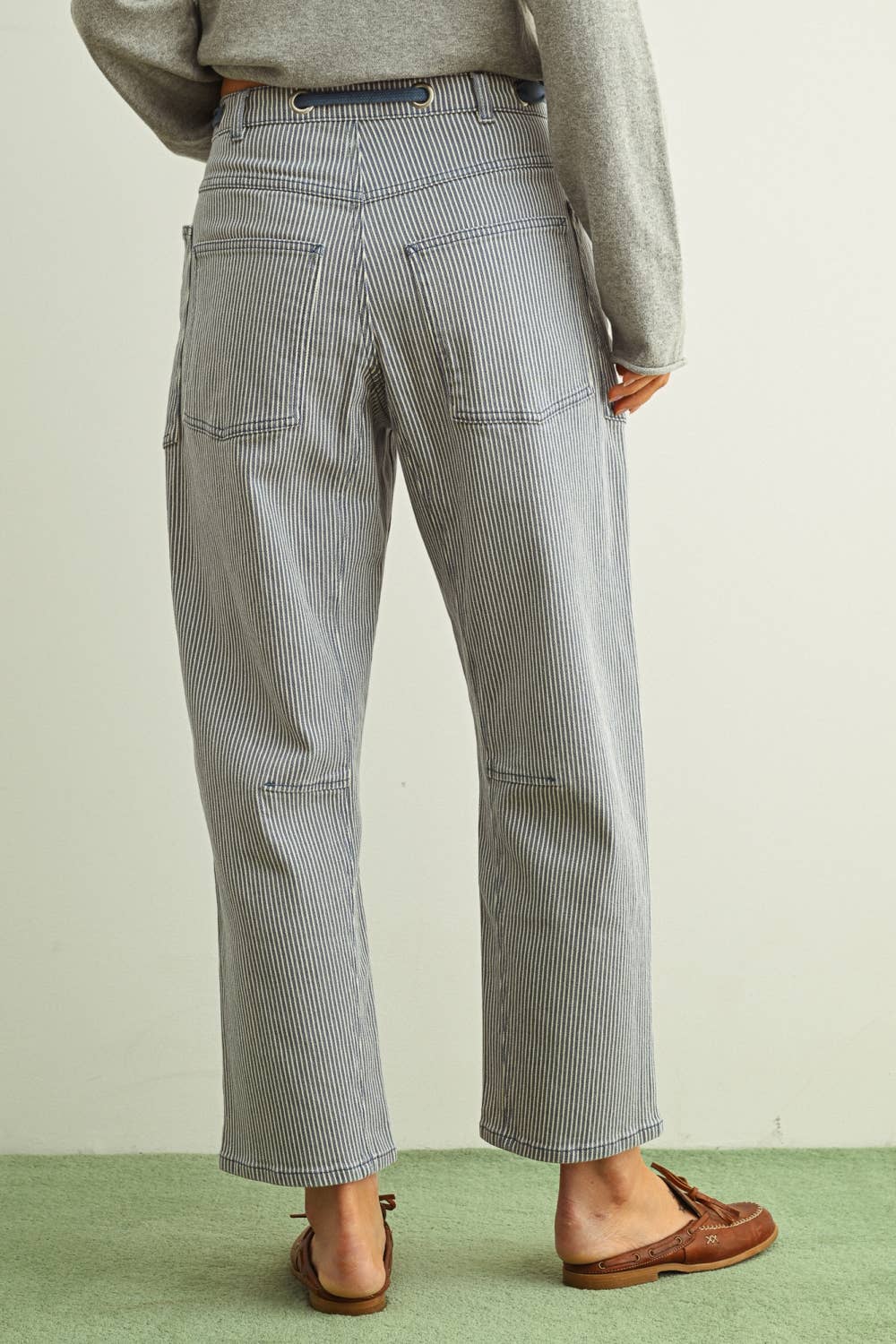 Del Mar | Striped Pattern Washed Barrel Pants with Belt
