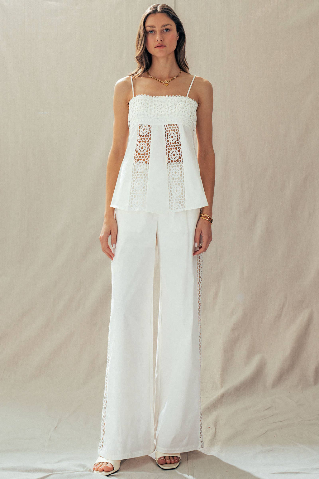 Presley | Cotton Eyelet Two-Piece Set Peplum Cami & Pants