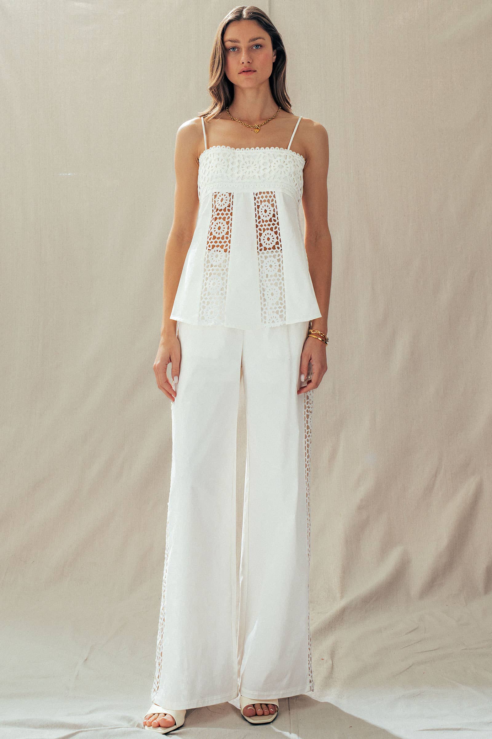 Presley | Cotton Eyelet Two-Piece Set Peplum Cami & Pants