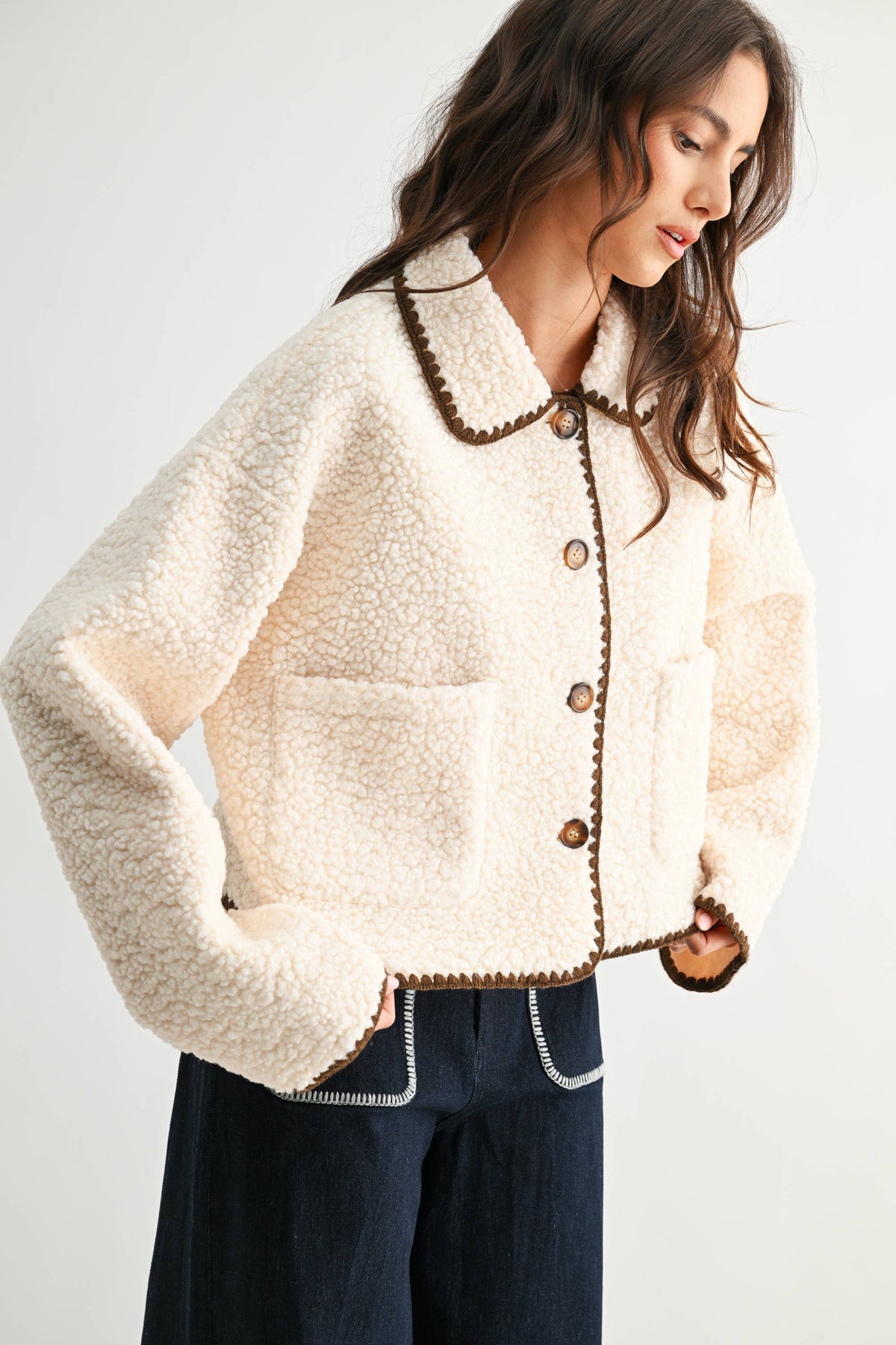 Camille | Contrast Trim Sherpa Jacket