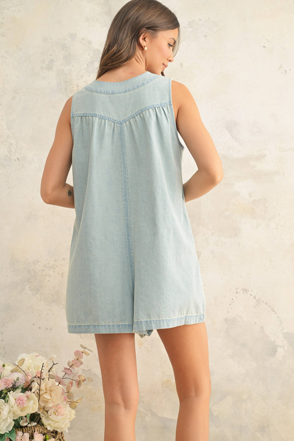 Amanda | Tied Front Sleeveless Denim Romper