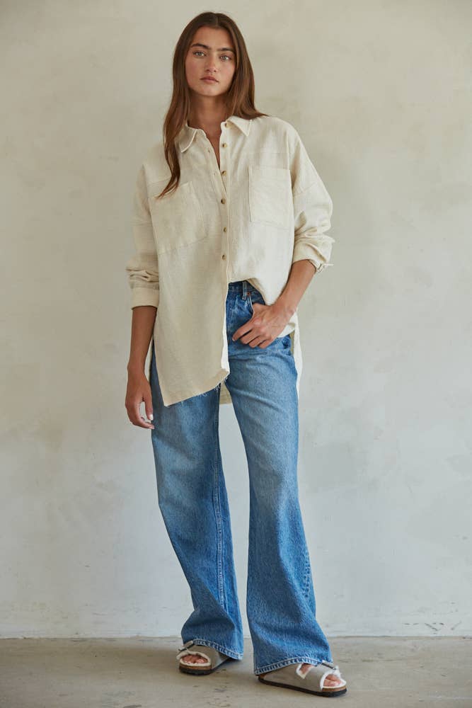 Frankie | Woven Linen Cotton Long Sleeve Collared Button Down