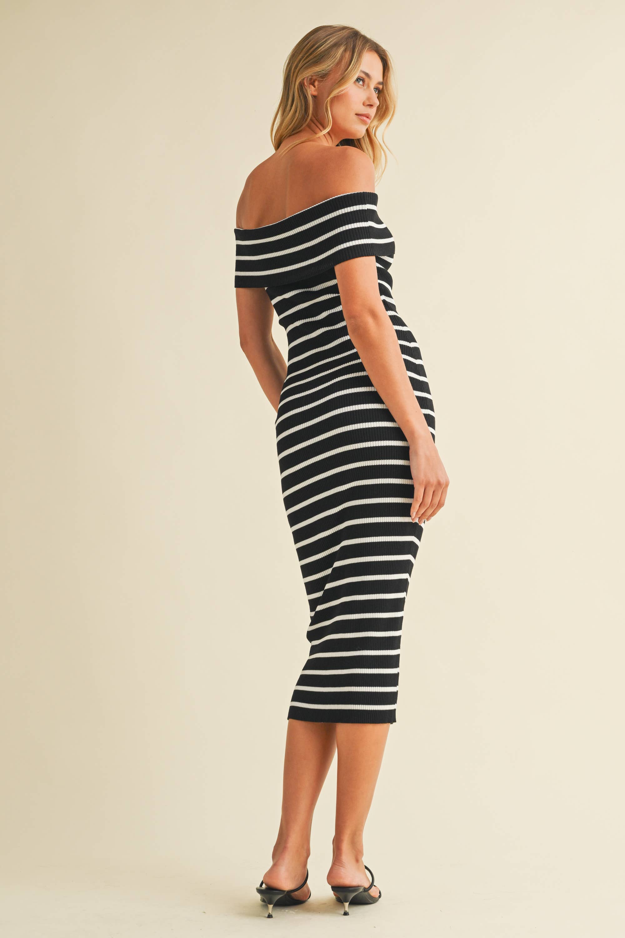 Alcott | Off Shoulder Navy Striped Sweater Midi Dress