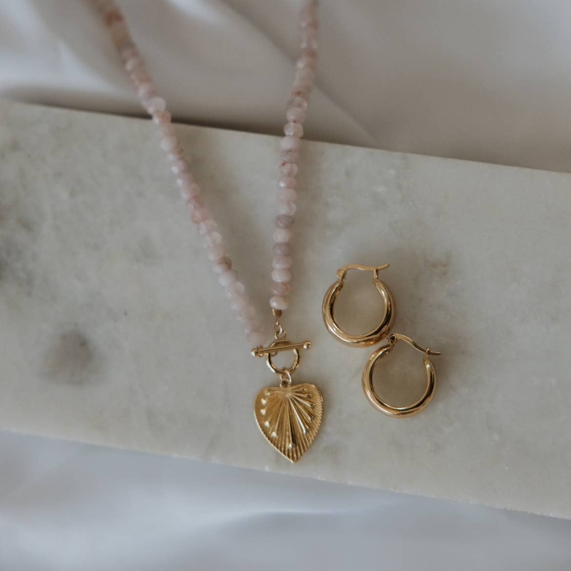 Rosalie Rose Quartz Heart Beaded Toggle Necklace Gold Filled