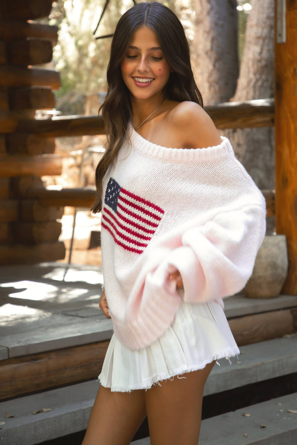 Brandi | American Flag Knit Off The Shoulder Sweater