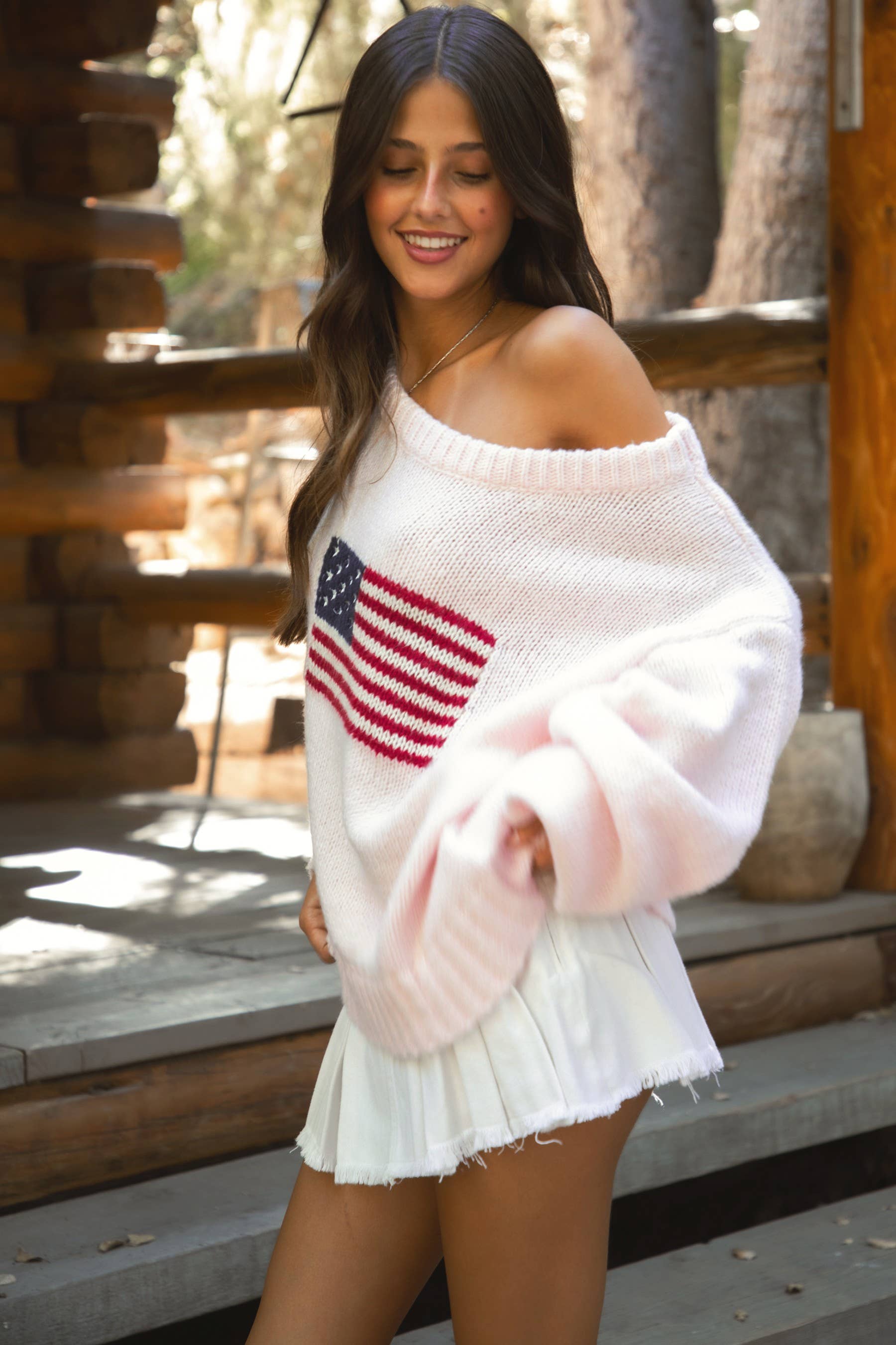 Brandi | American Flag Knit Off The Shoulder Sweater