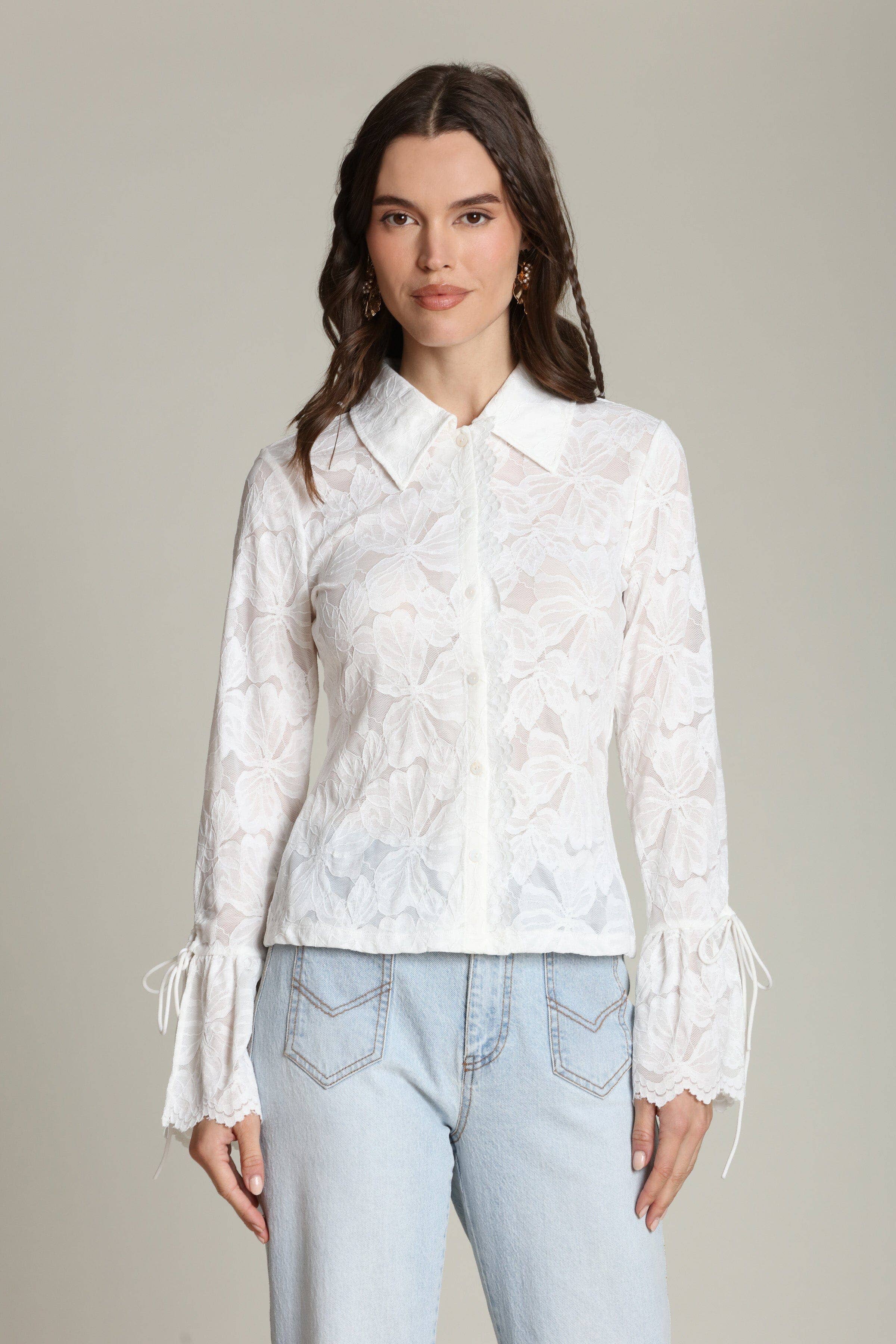 Margaux | Sheer Lace Tie Cuff Shirt