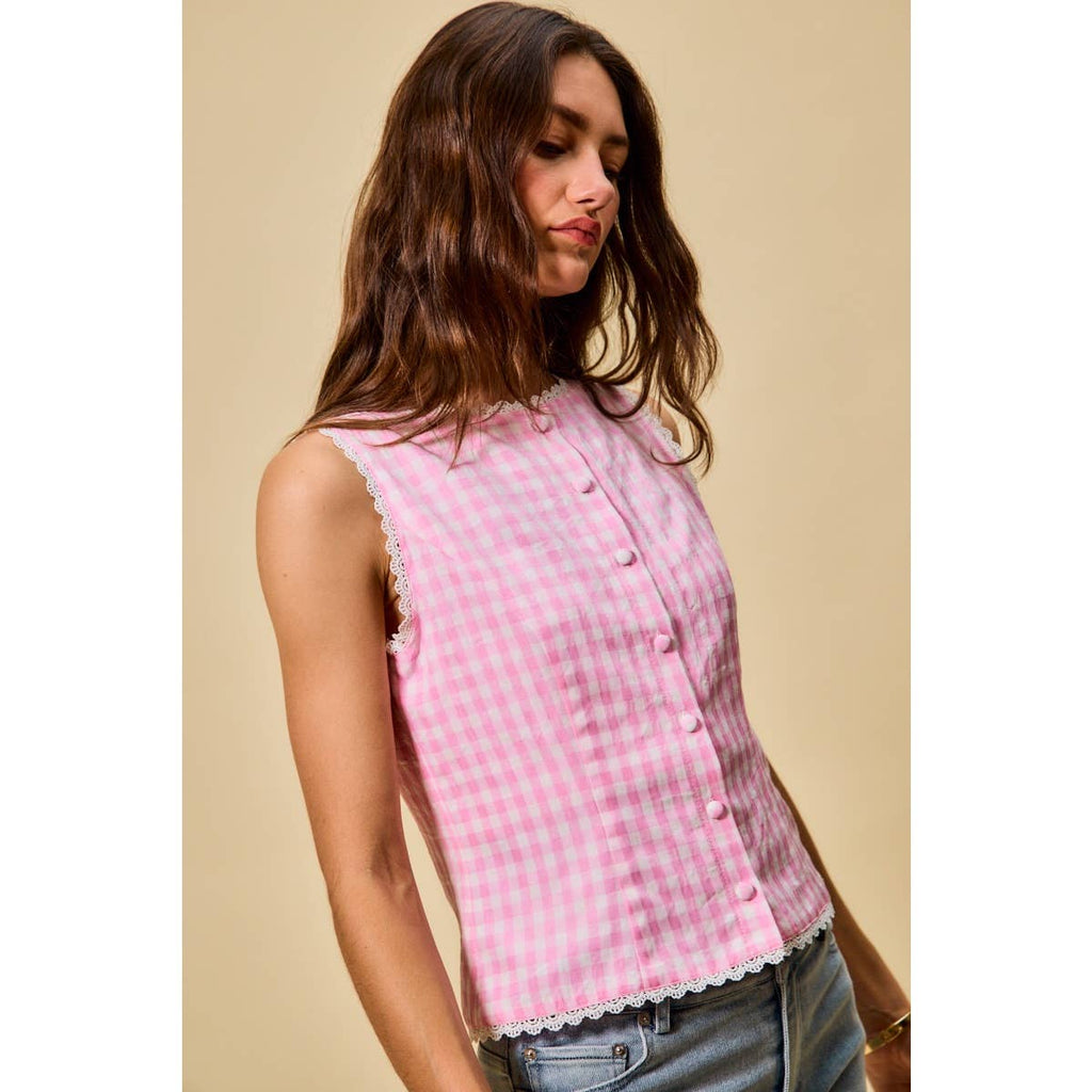 Kensington | Gingham Lace Trim Button Down Top