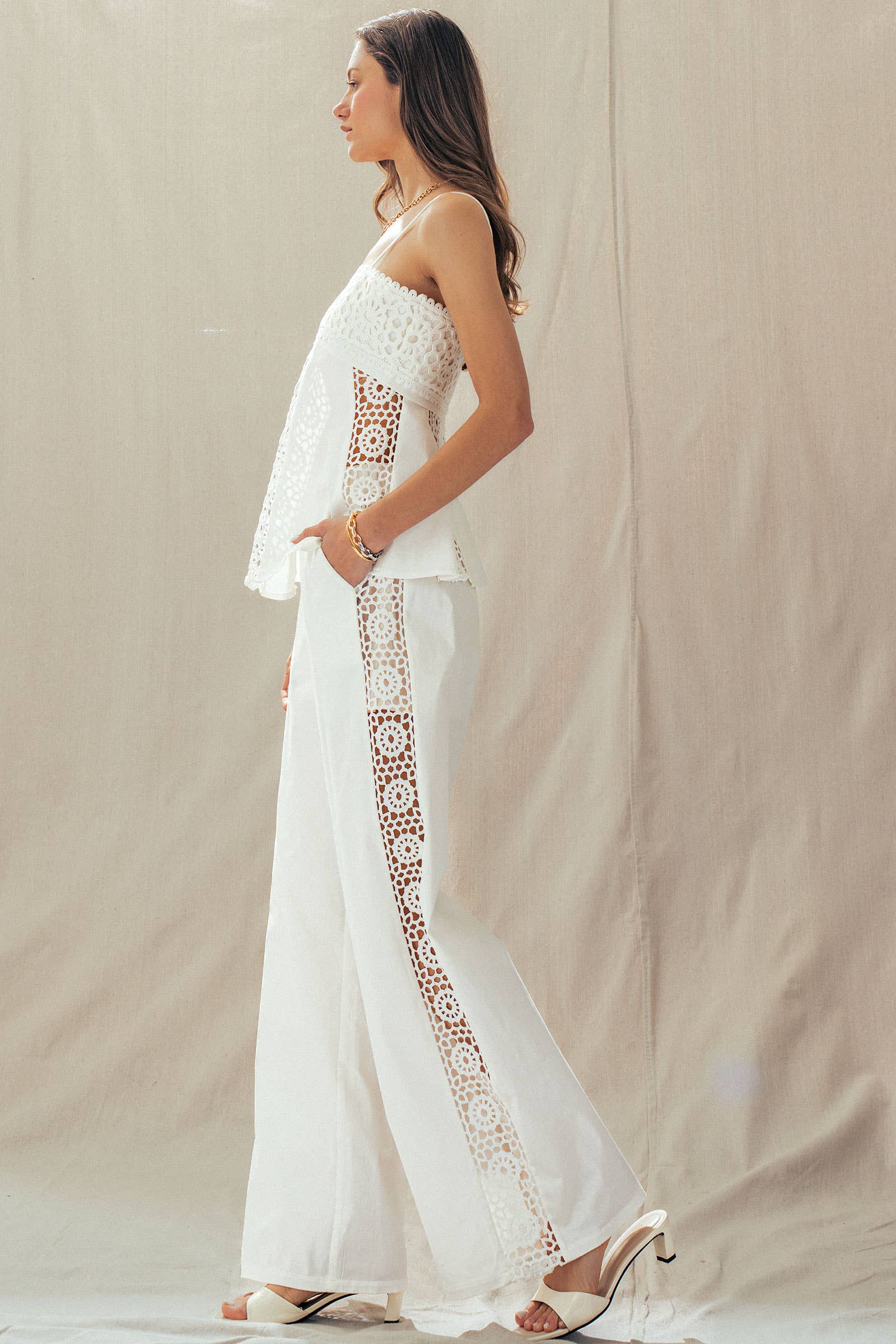 Presley | Cotton Eyelet Two-Piece Set Peplum Cami & Pants